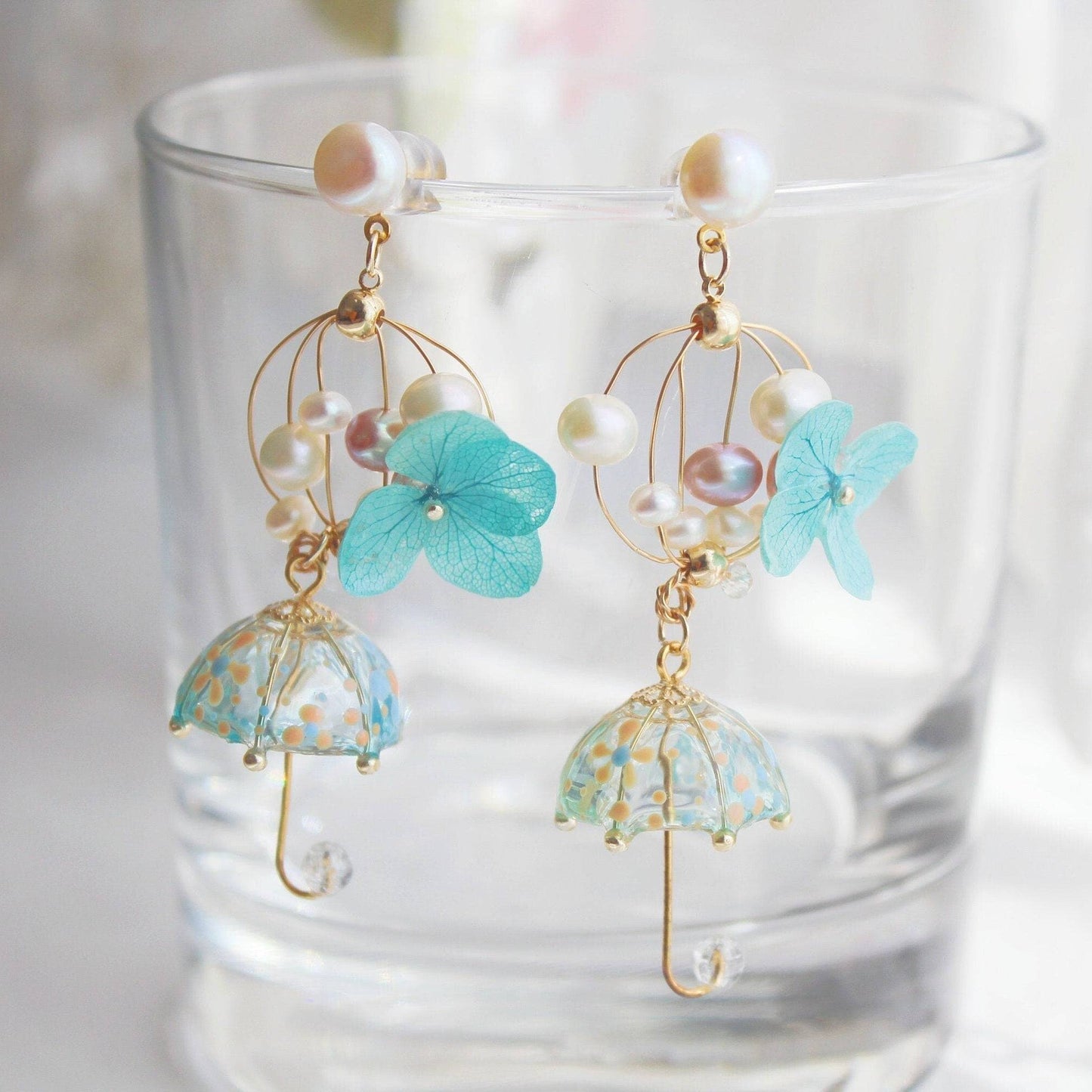 Blue Hydrangea Flower with Umbrella Earrings-Ninaouity
