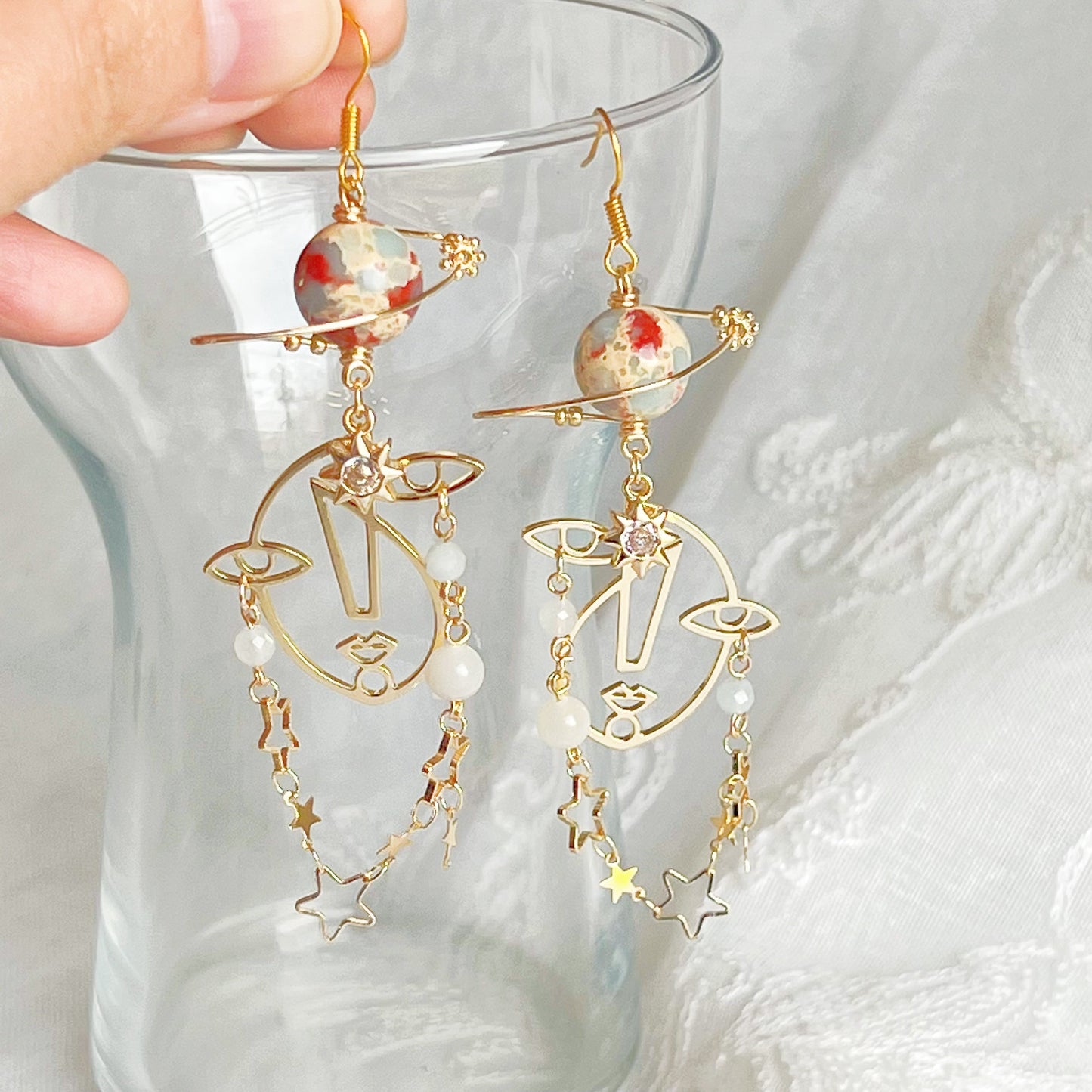 Larderite Planet and Abstract Face Drop Earrings-Ninaouity