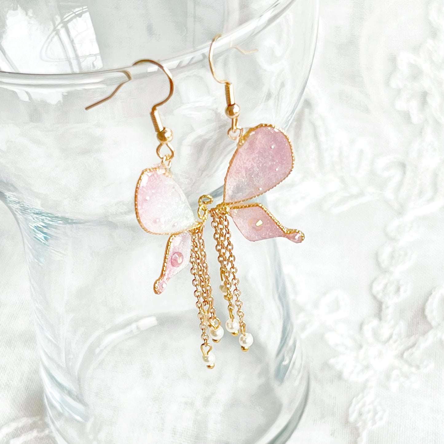 Light Pink Sparkle Glitter Butterfly Wing Earrings-Ninaouity