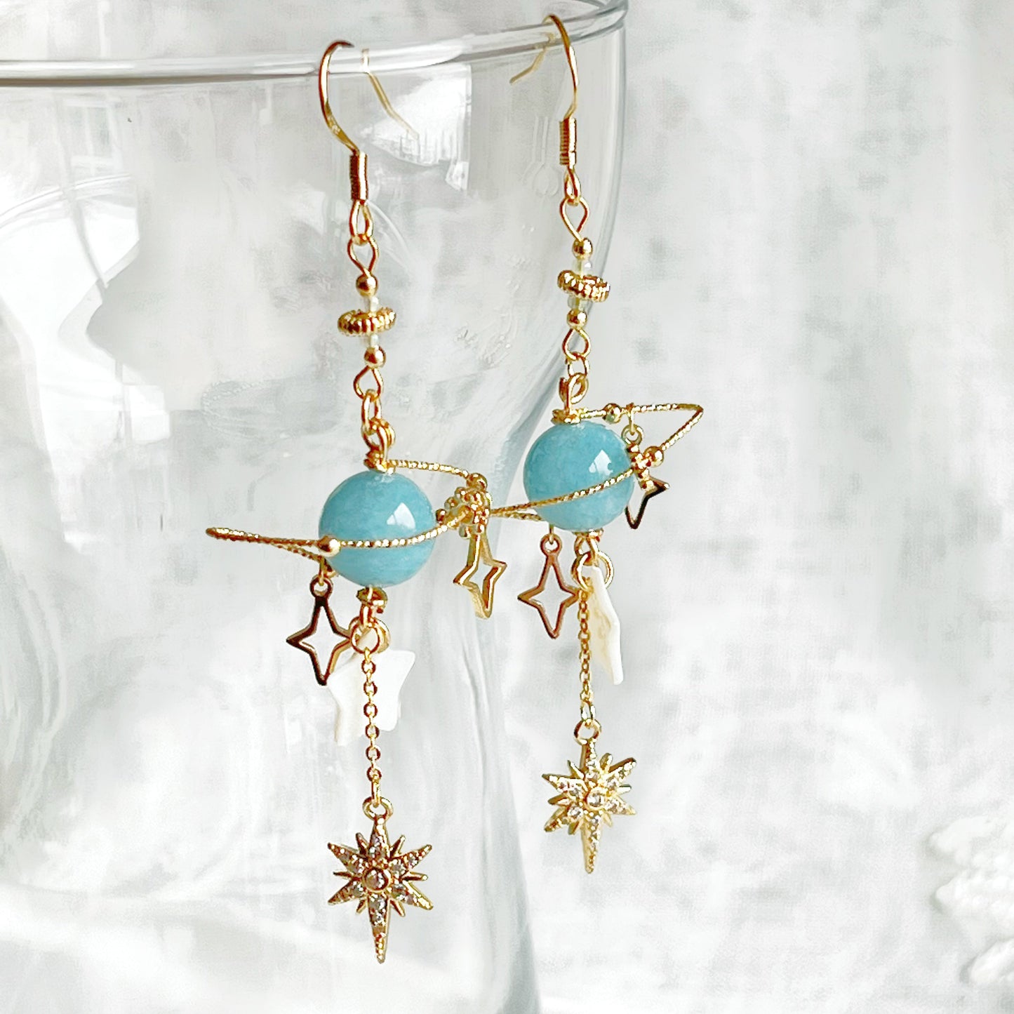 March Birthstone Aquamarine Planet and Star Earrings-Ninaouity