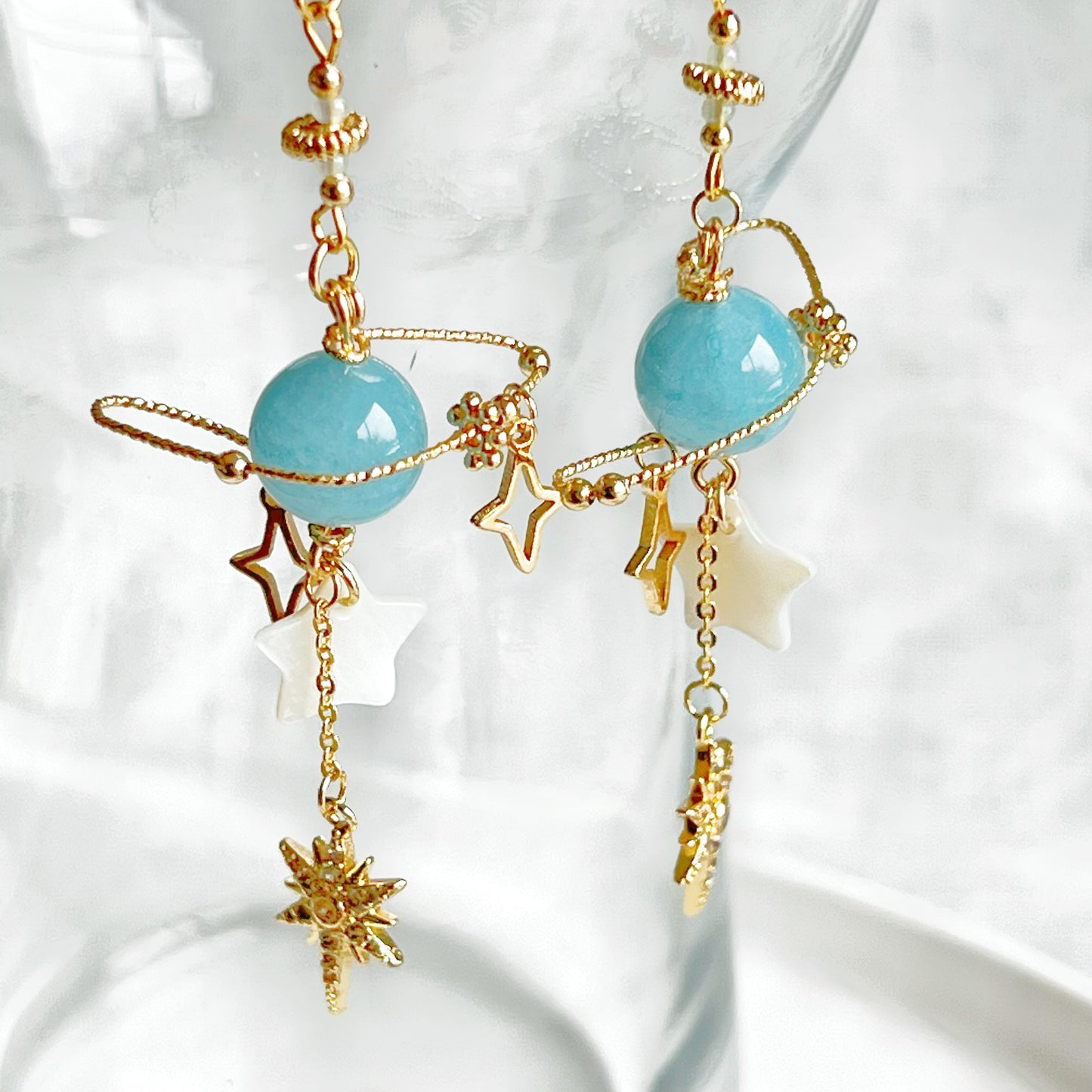 March Birthstone Aquamarine Planet and Star Earrings-Ninaouity
