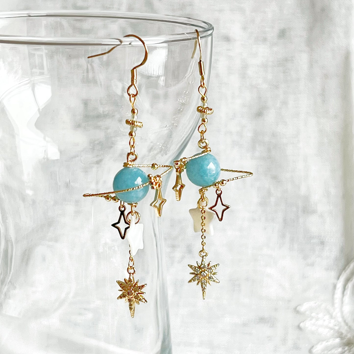 March Birthstone Aquamarine Planet and Star Earrings-Ninaouity