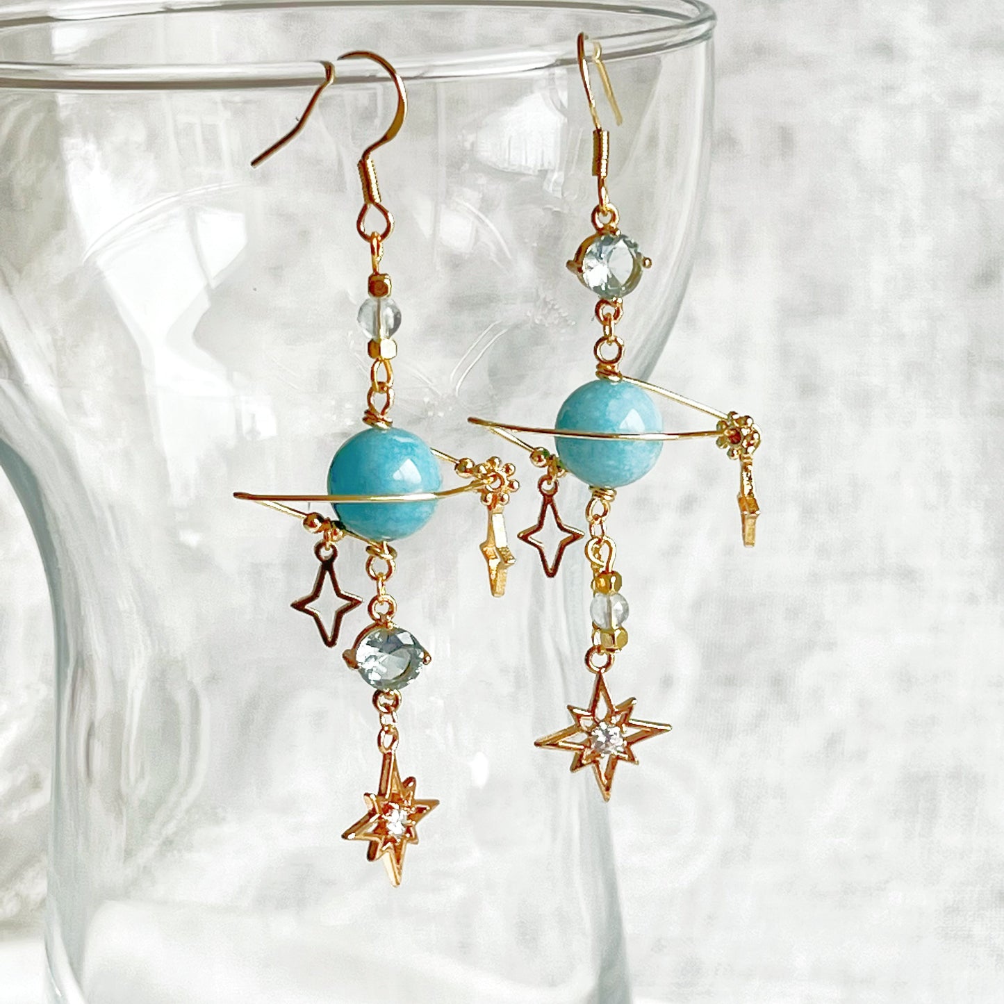 March Birthstone Aquamarine Planet Drop Earrings-Ninaouity