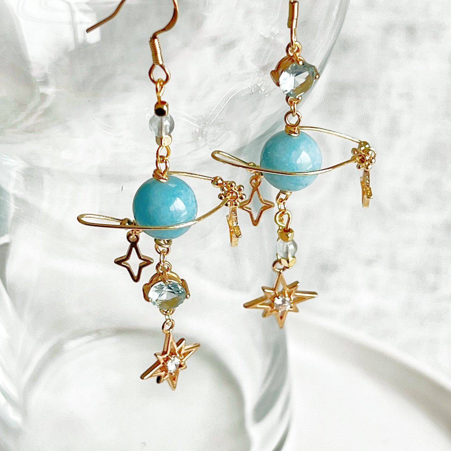 March Birthstone Aquamarine Planet Drop Earrings-Ninaouity