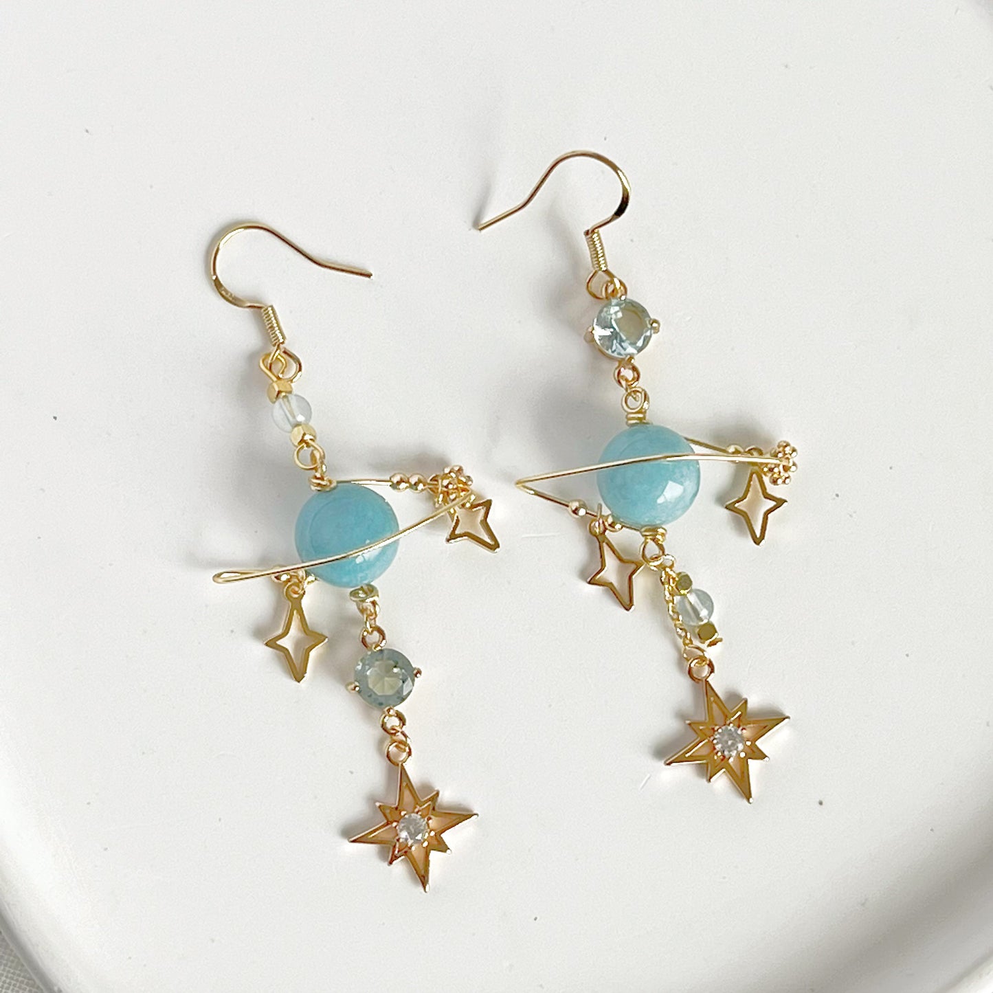 March Birthstone Aquamarine Planet Drop Earrings-Ninaouity