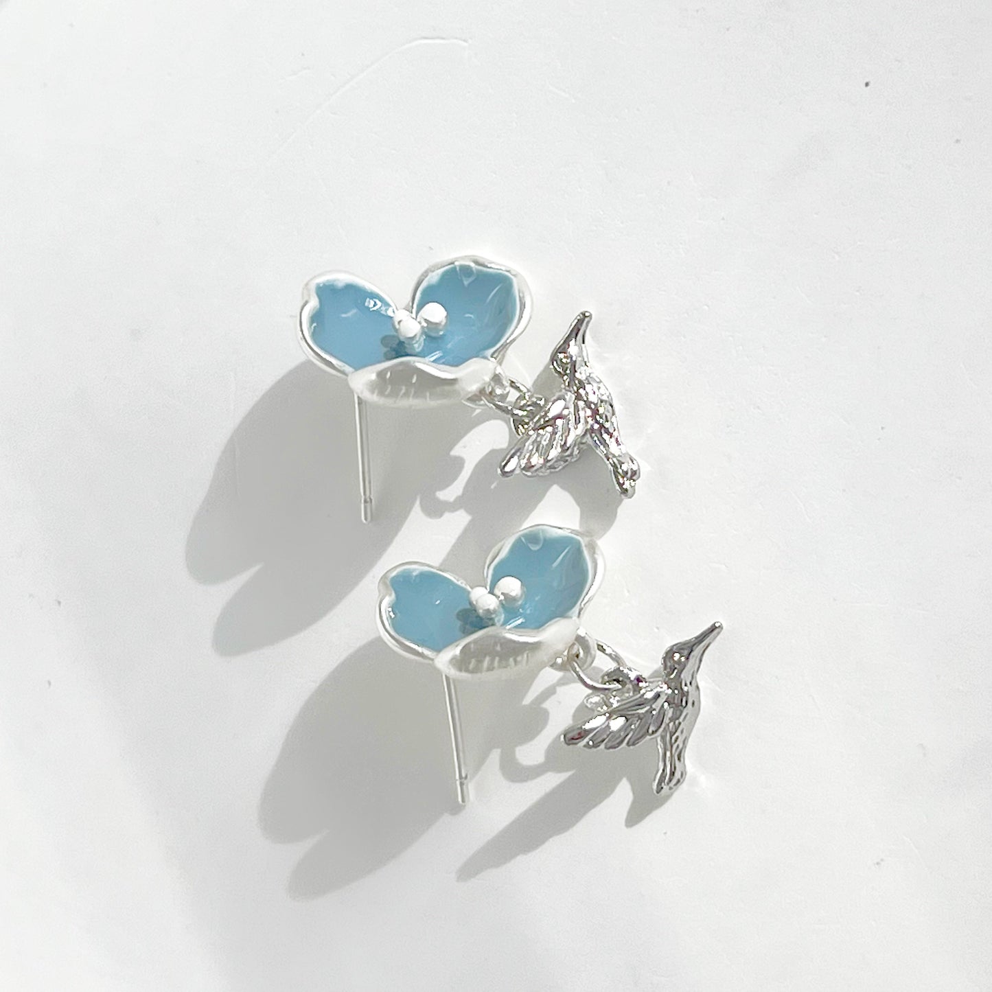 Meconopsis Blue Poppies Flower and Hummingbird Earrings-Ninaouity