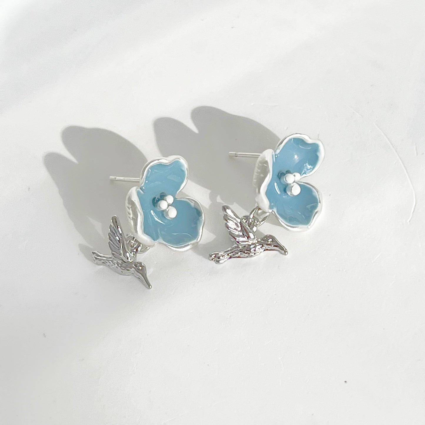 Meconopsis Blue Poppies Flower and Hummingbird Earrings-Ninaouity