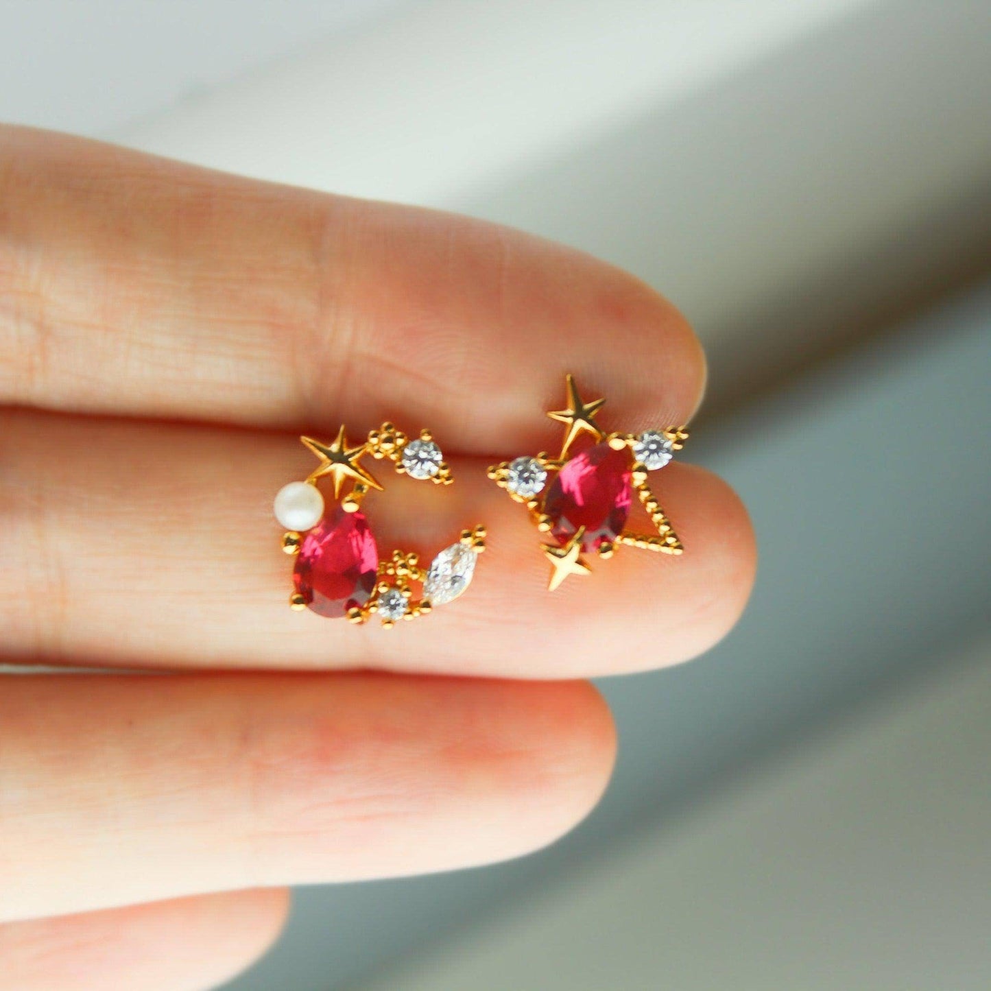 Mermaid's Tear Earrings - Dark Pink Teardrop Crystal in Moon and Stars Studs-Ninaouity