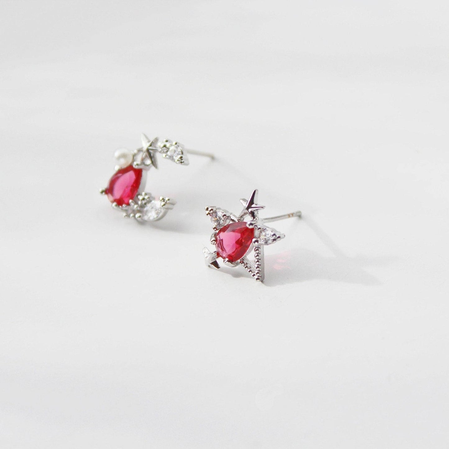 Mermaid's Tear Earrings - Dark Pink Teardrop Crystal in Moon and Stars Studs-Ninaouity