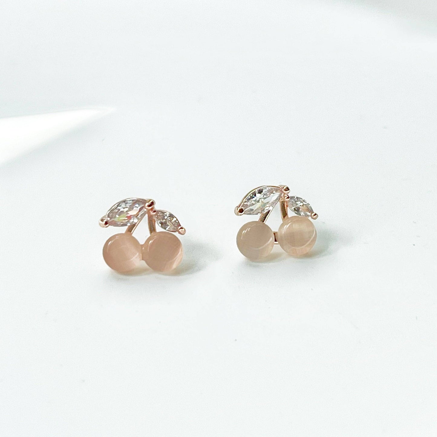 Mini Pink Cat's Eye Crystal Cherry Stud Earrings-Ninaouity