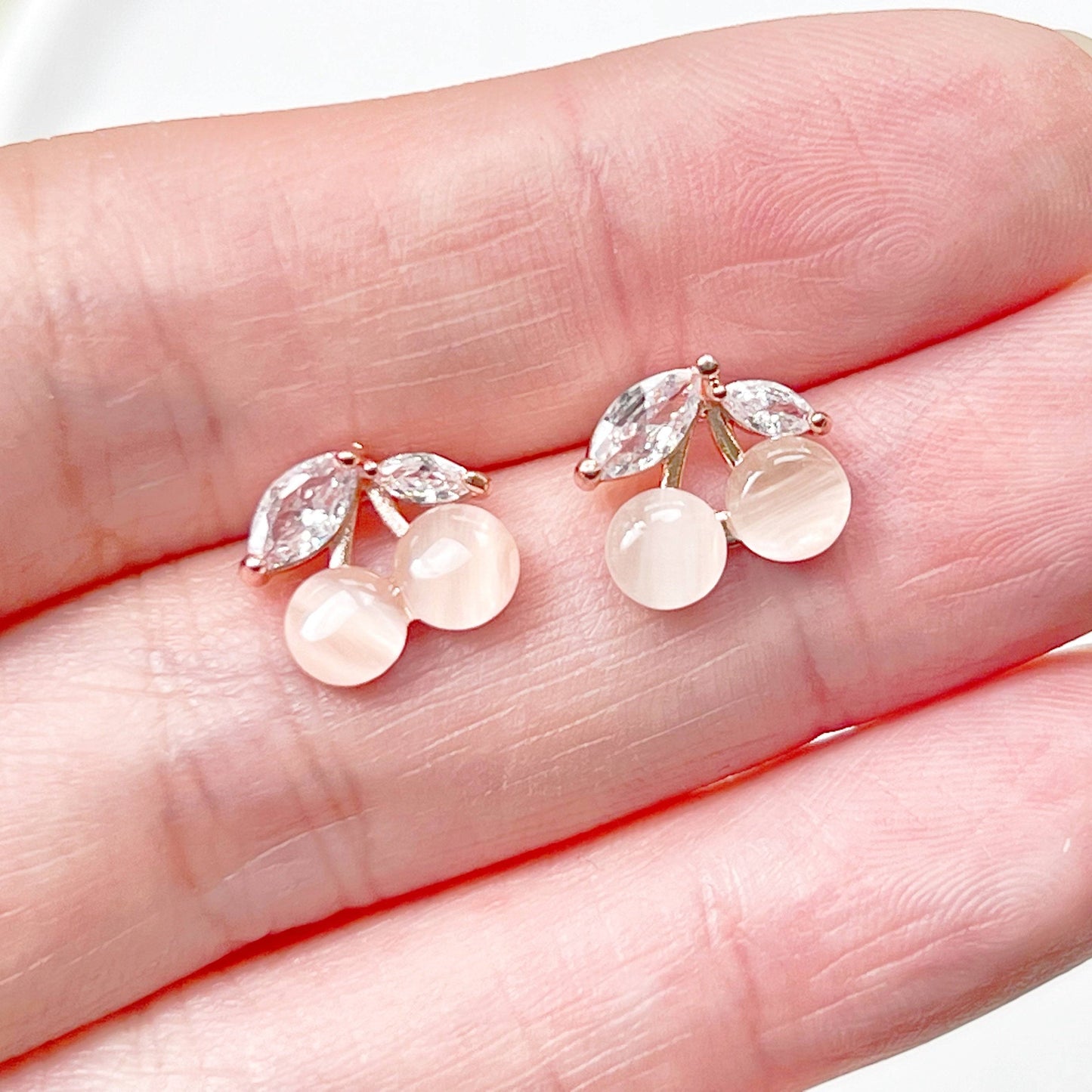 Mini Pink Cat's Eye Crystal Cherry Stud Earrings-Ninaouity
