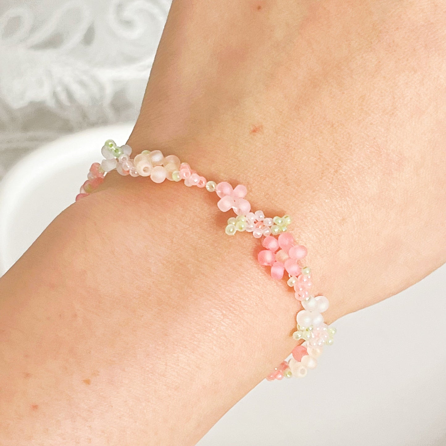 Mini Pink Cherry Blossom Flower Beaded Bracelet-Ninaouity