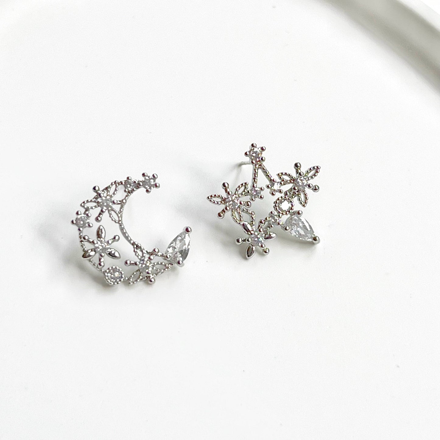 Moon and Star Earrings - Teardrop Crystal in Silver Moon and Stars Earrings-Ninaouity