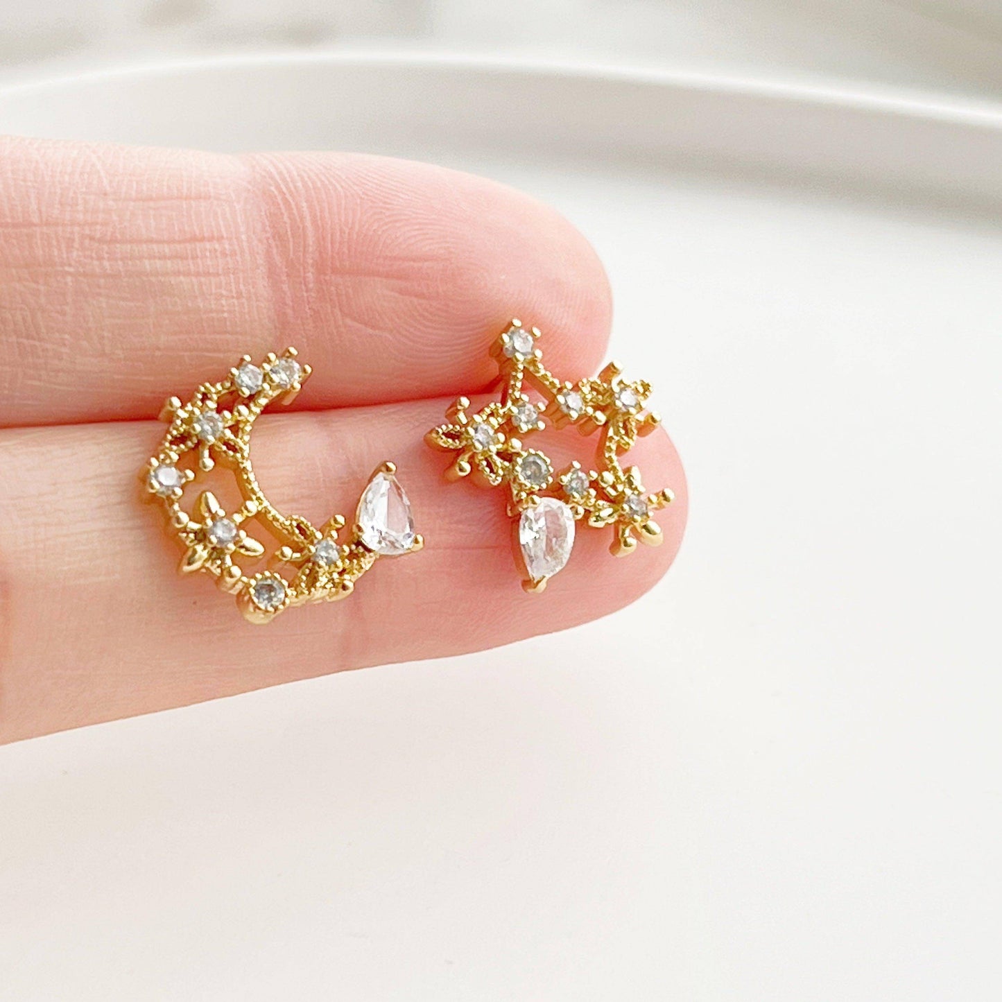 Moon and Star Earrings - Teardrop Crystal in Silver Moon and Stars Earrings-Ninaouity