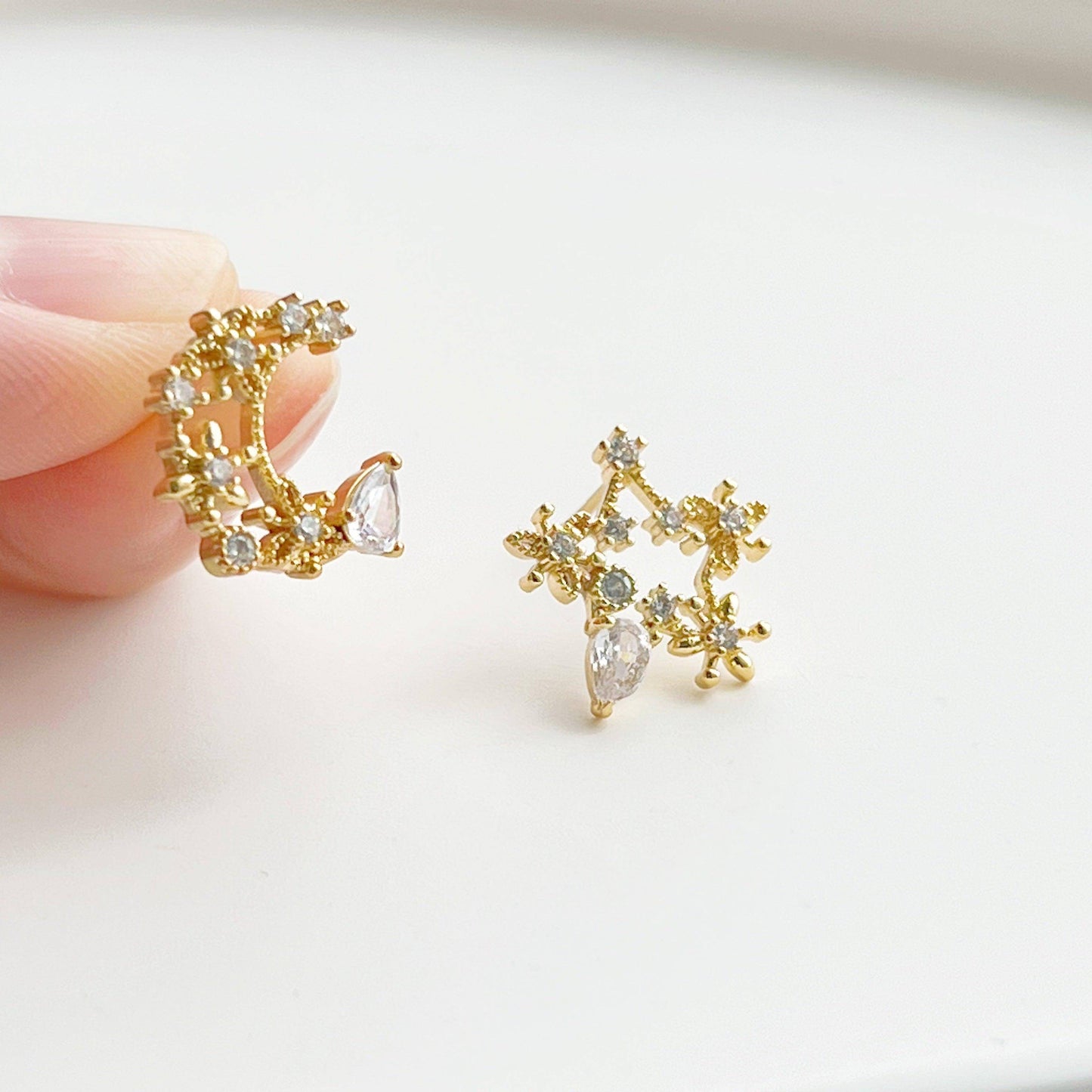 Moon and Star Earrings - Teardrop Crystal in Silver Moon and Stars Earrings-Ninaouity