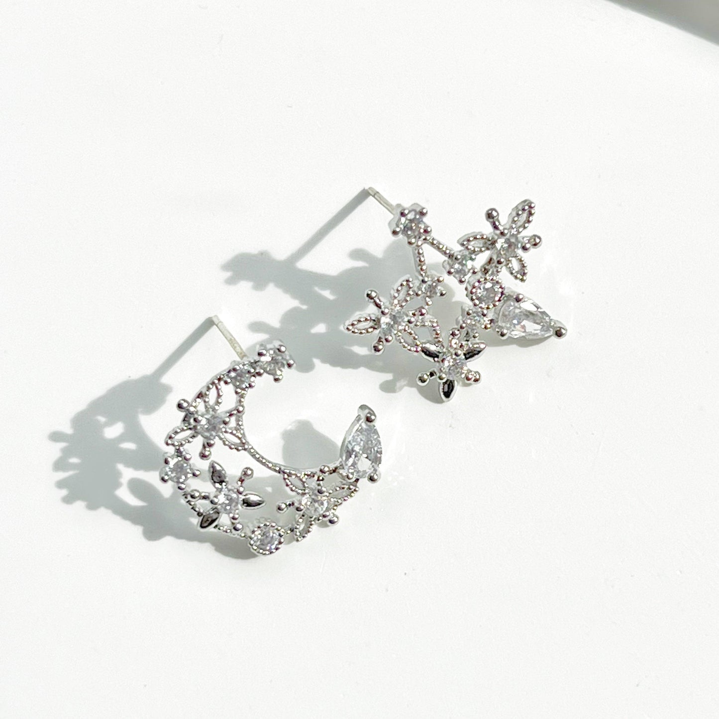 Moon and Star Earrings - Teardrop Crystal in Silver Moon and Stars Earrings-Ninaouity