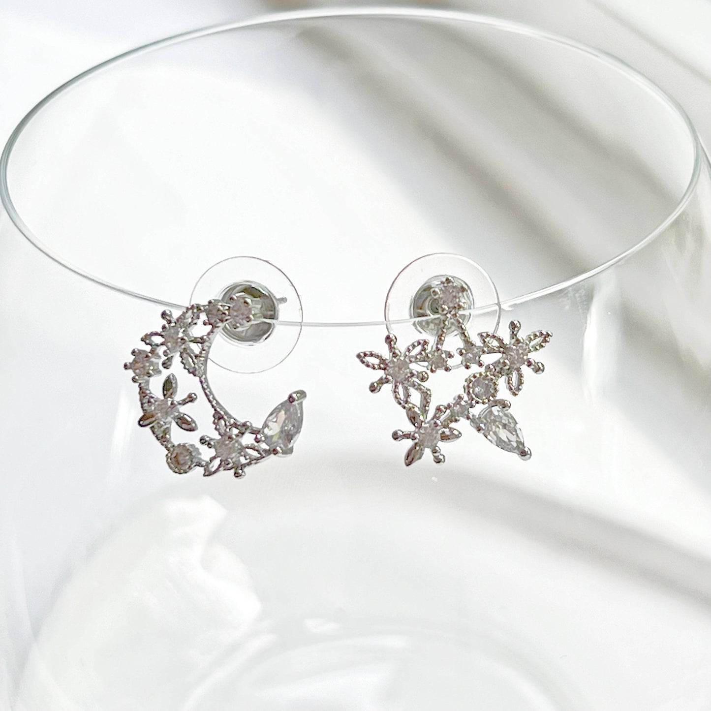 Moon and Star Earrings - Teardrop Crystal in Silver Moon and Stars Earrings-Ninaouity