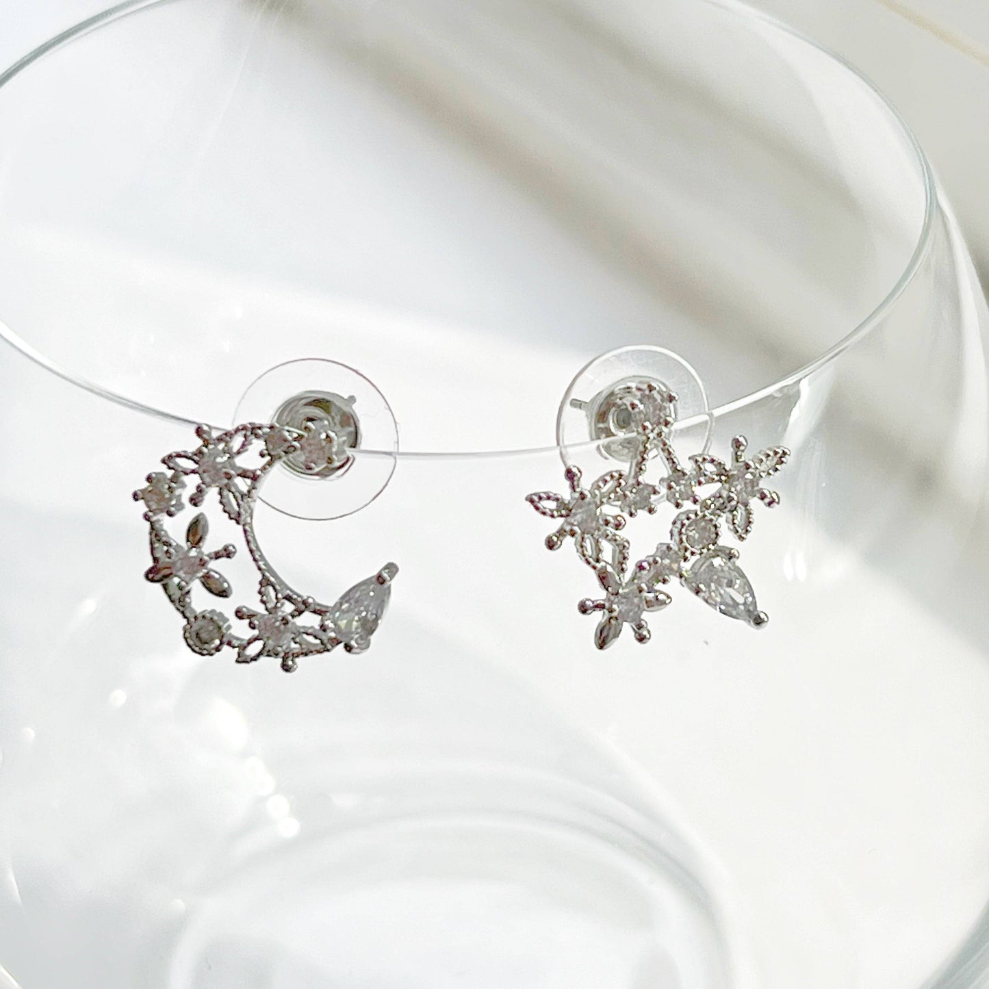 Moon and Star Earrings - Teardrop Crystal in Silver Moon and Stars Earrings-Ninaouity