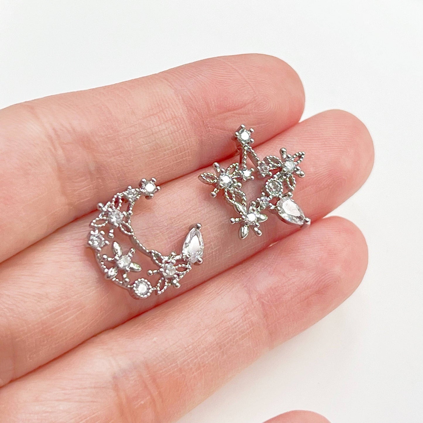 Moon and Star Earrings - Teardrop Crystal in Silver Moon and Stars Earrings-Ninaouity