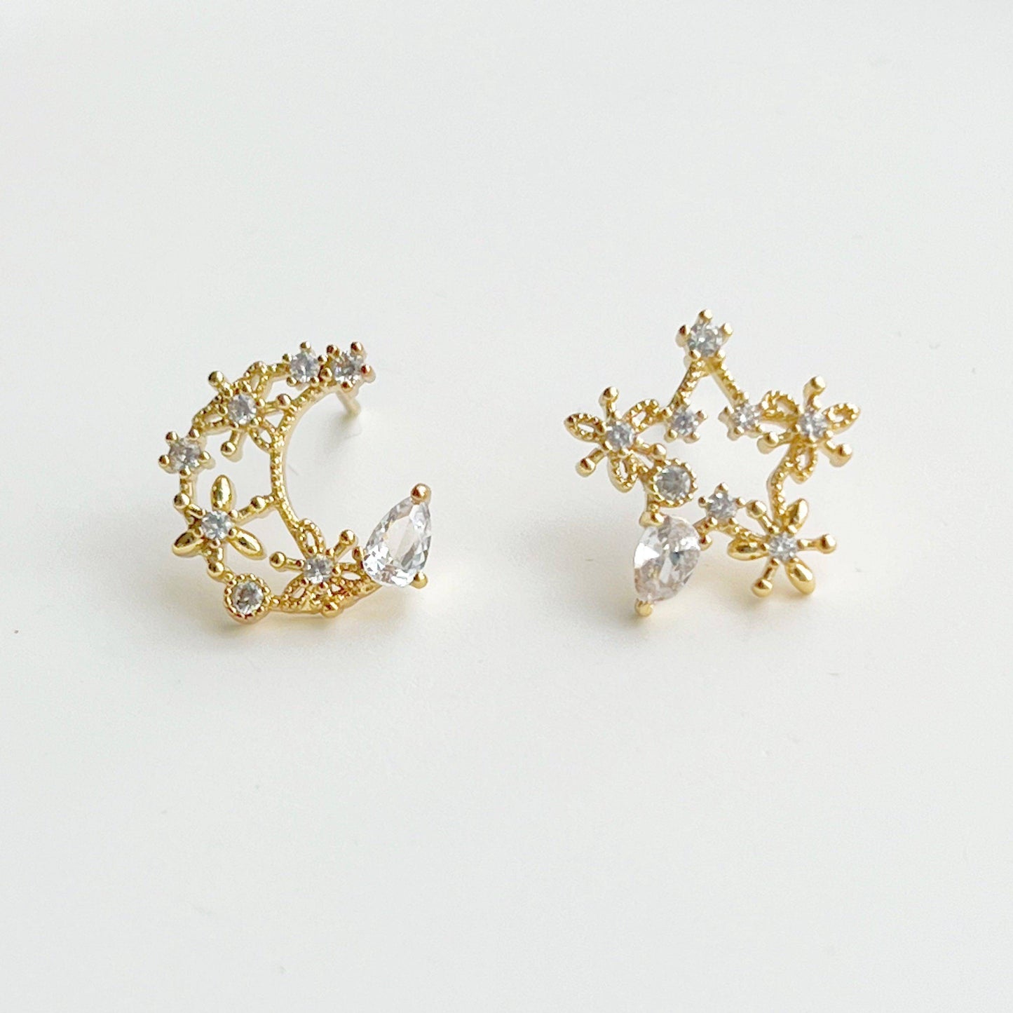 Moon and Star Earrings - Teardrop Crystal in Silver Moon and Stars Earrings-Ninaouity