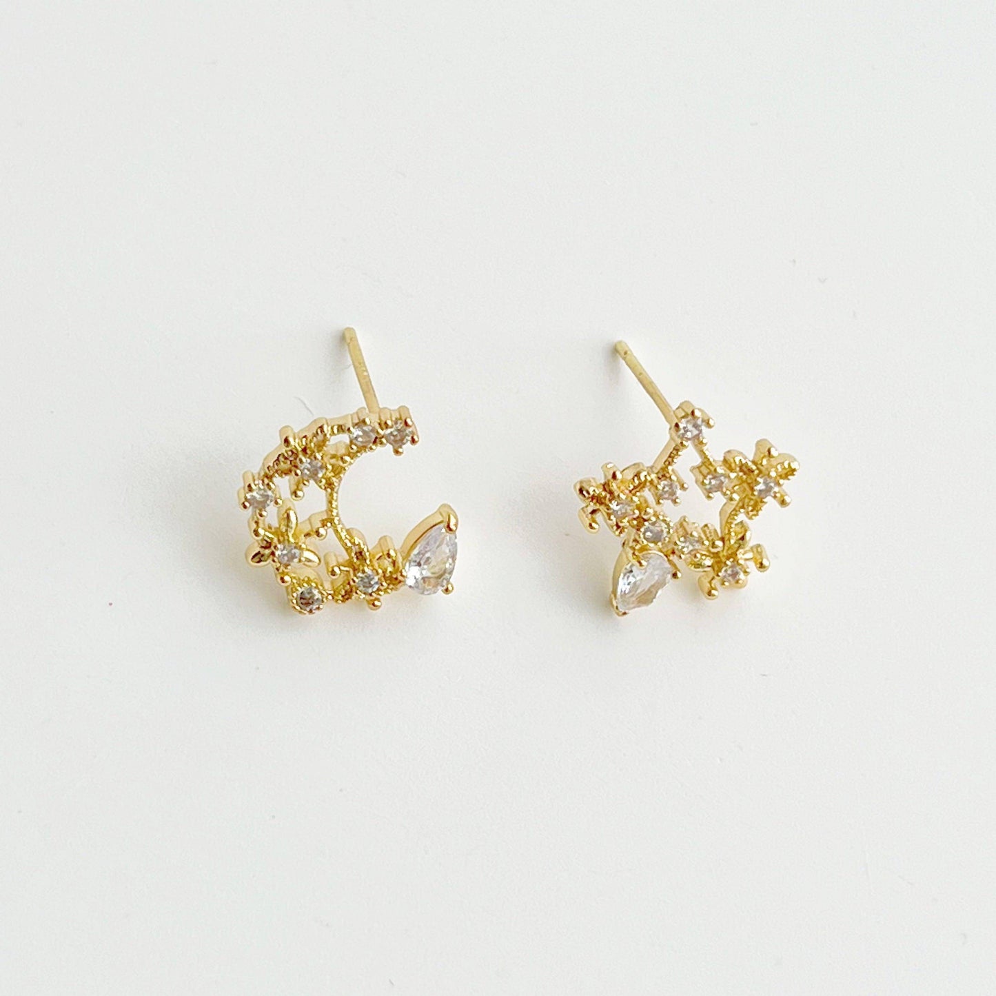 Moon and Star Earrings - Teardrop Crystal in Silver Moon and Stars Earrings-Ninaouity