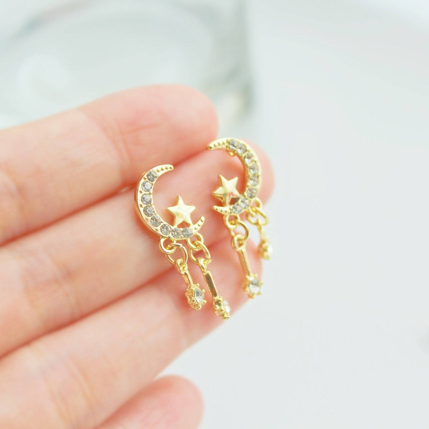 Moon and Stars Mini Crystal Drop Sterling Silver Stud Earrings-Ninaouity