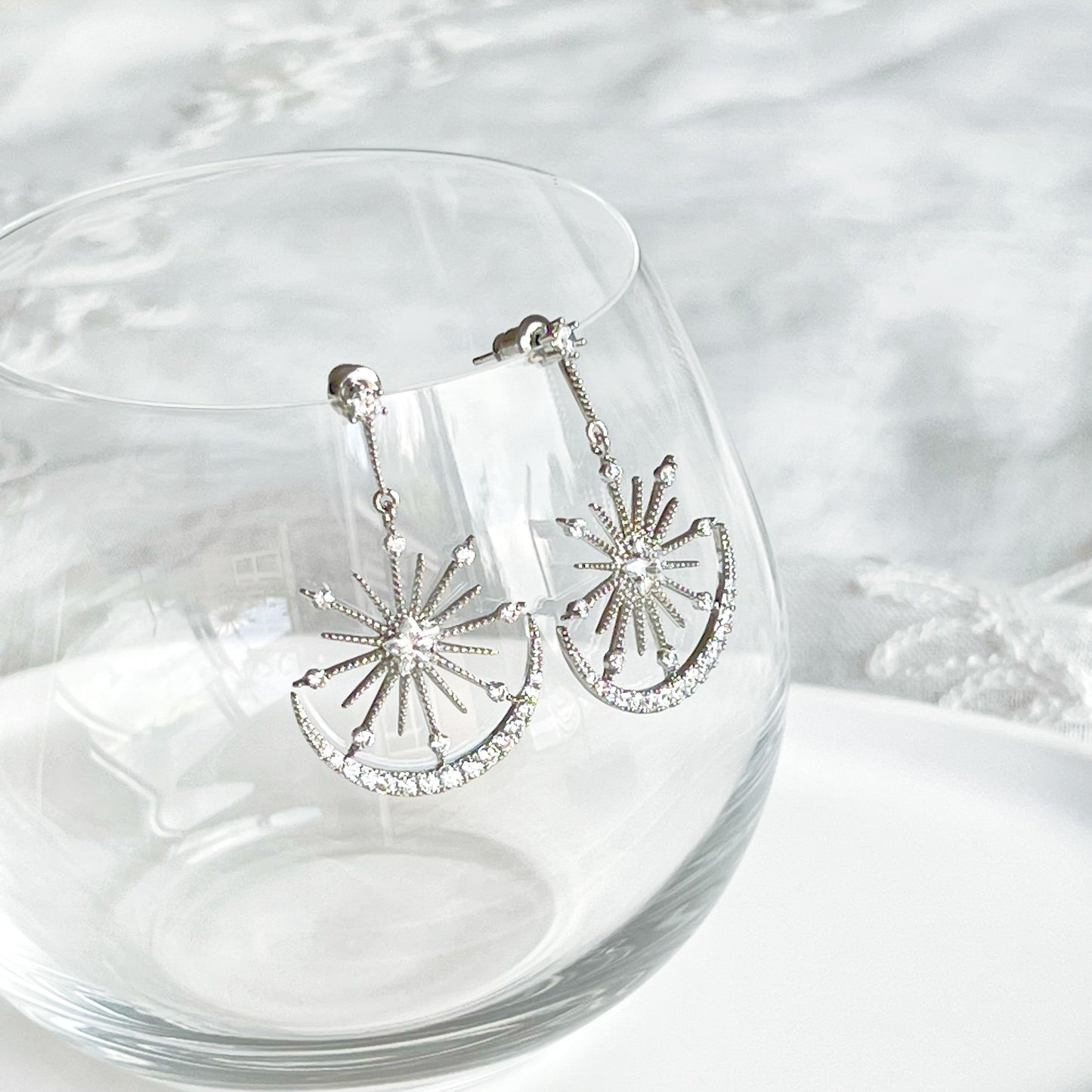 Moon and Stars Silver Drop Earrings-Ninaouity
