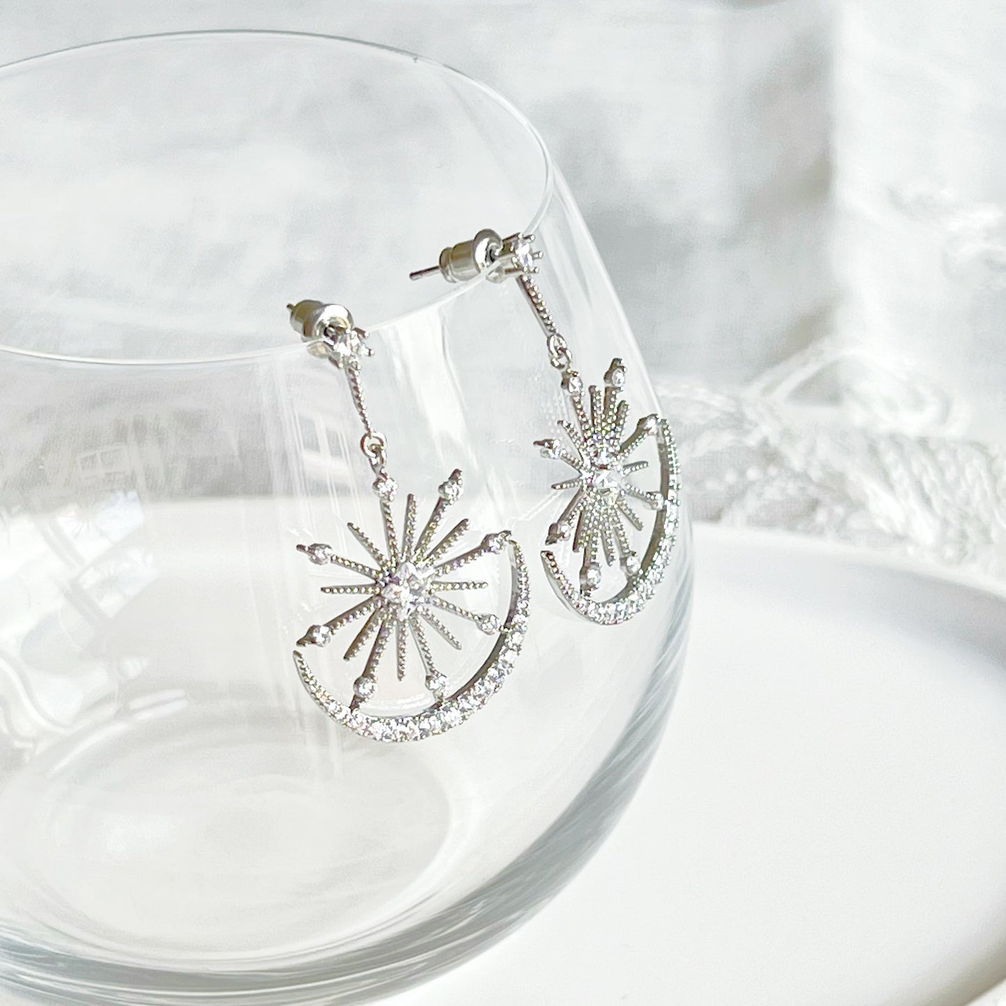 Moon and Stars Silver Drop Earrings-Ninaouity