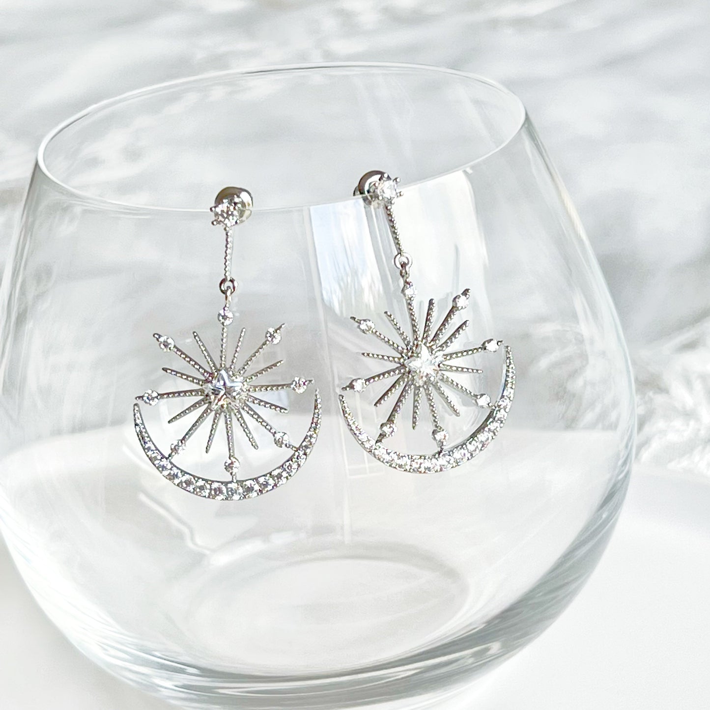 Moon and Stars Silver Drop Earrings-Ninaouity