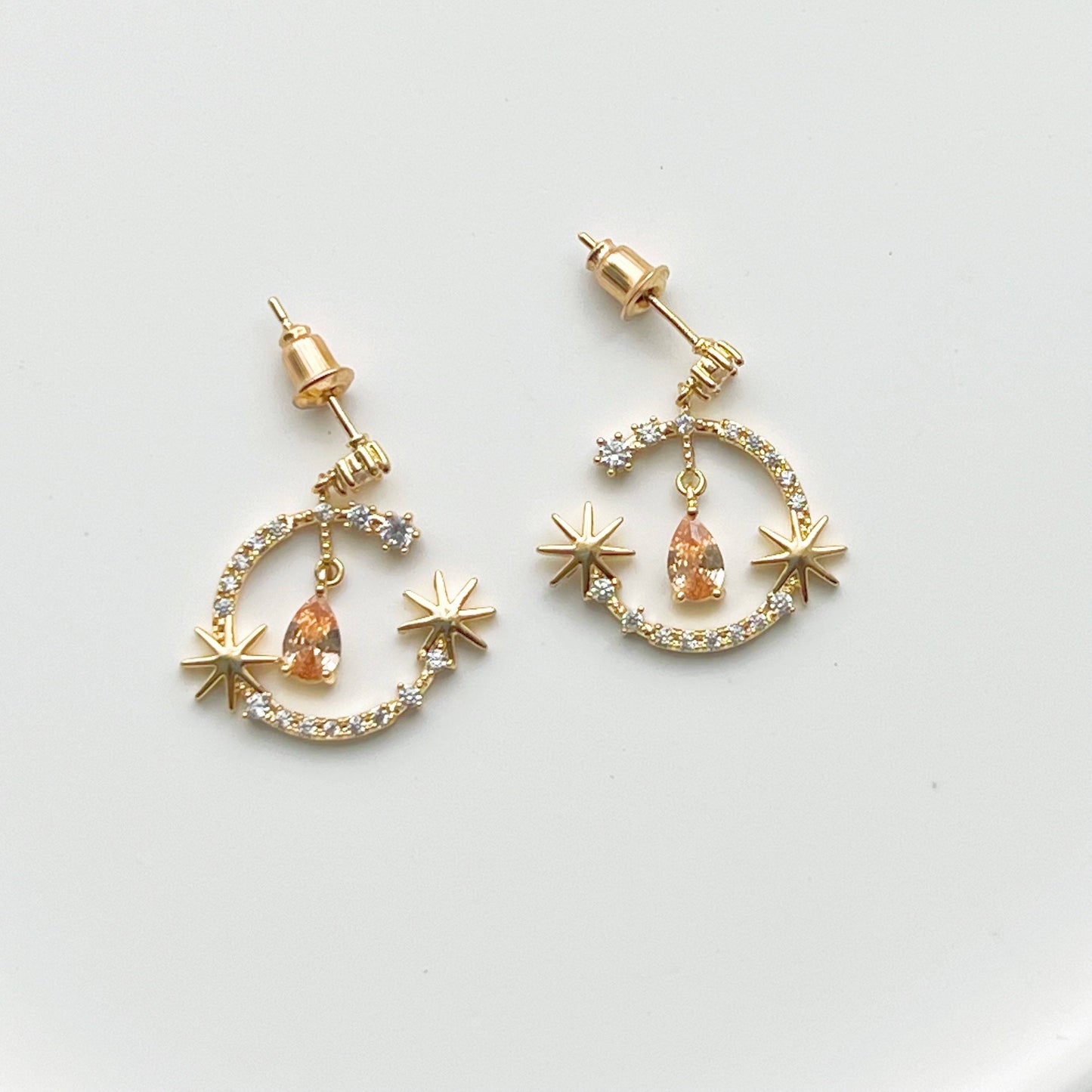 Moon Stars and Champagne Teardrop Drop Earrings-Ninaouity