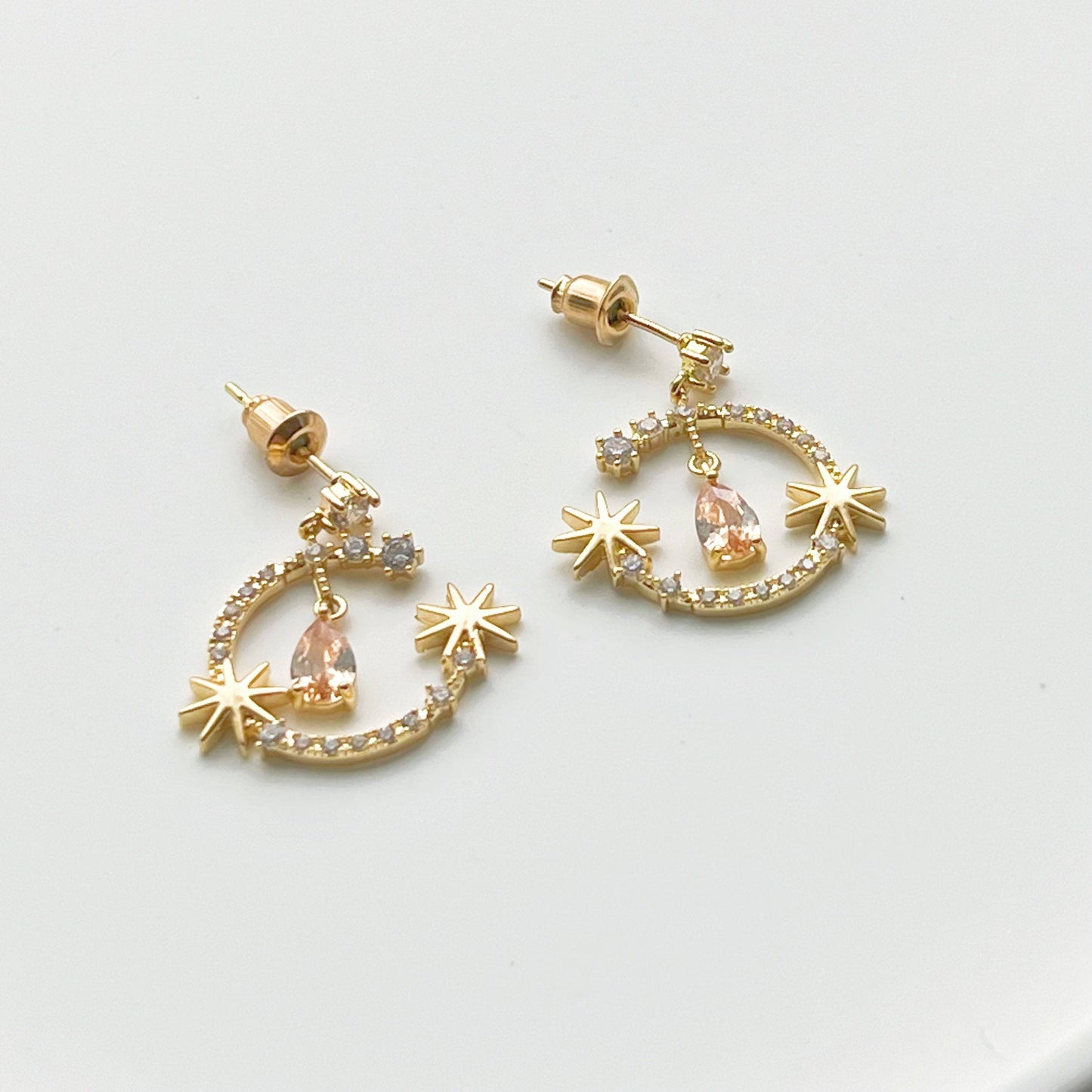 Moon Stars and Champagne Teardrop Drop Earrings-Ninaouity
