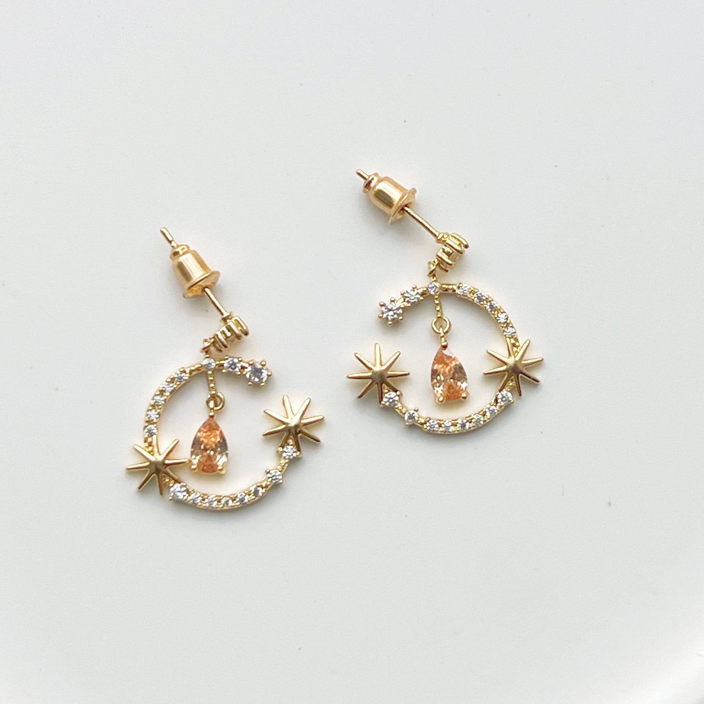 Moon Stars and Champagne Teardrop Drop Earrings-Ninaouity