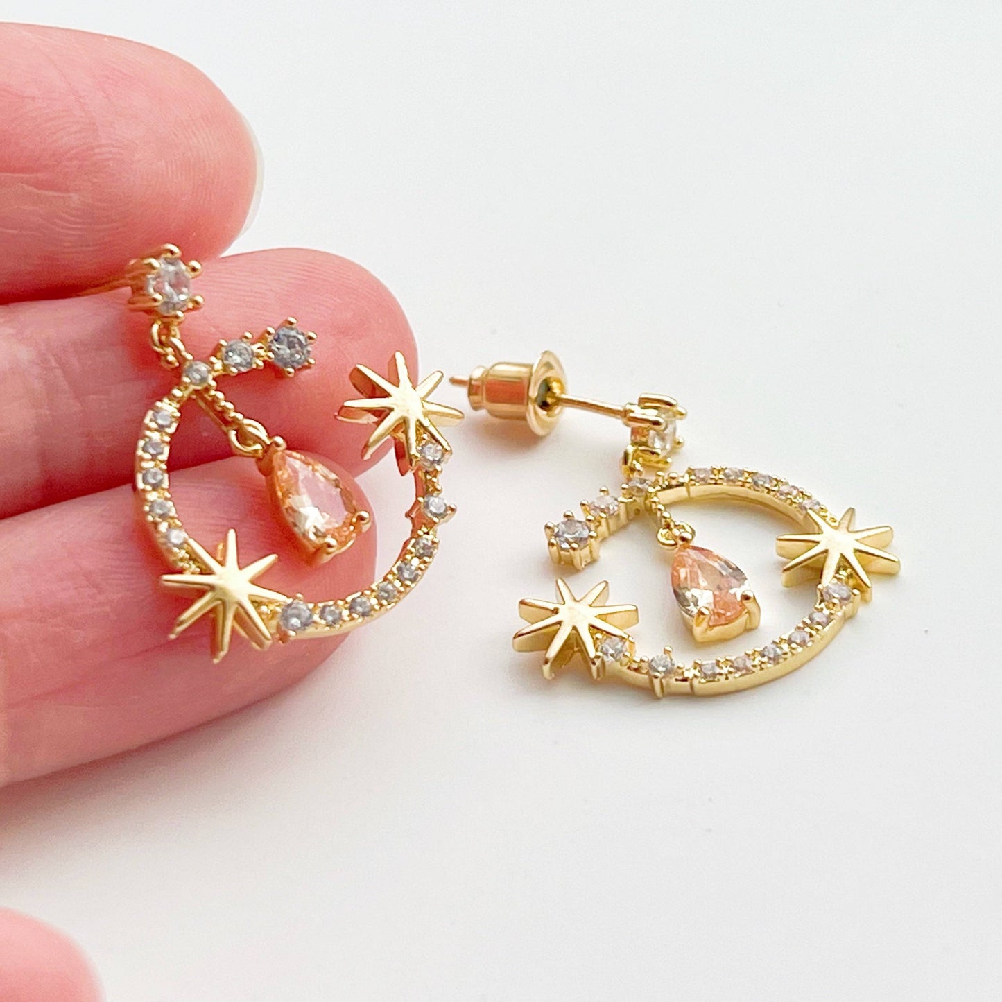 Moon Stars and Champagne Teardrop Drop Earrings-Ninaouity