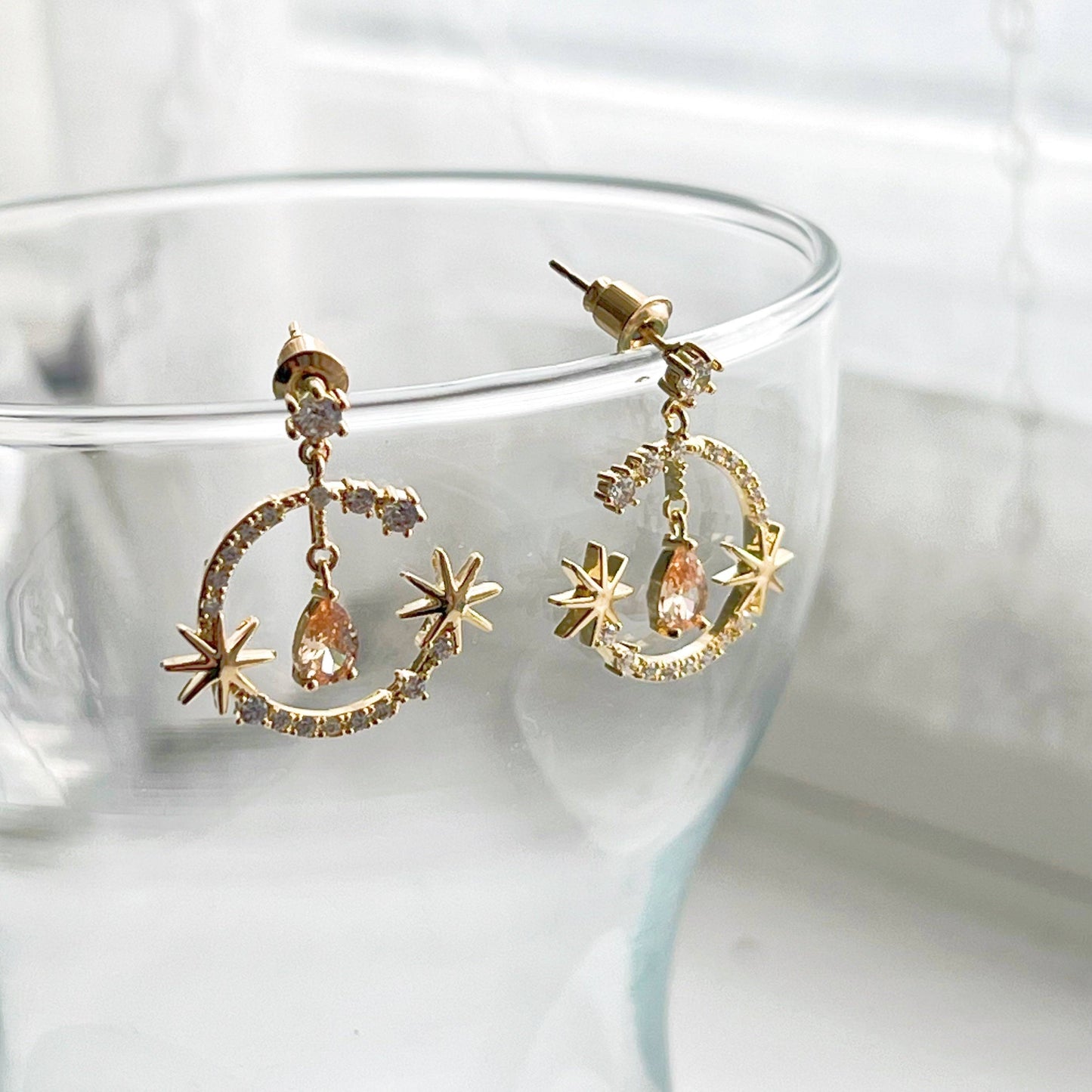 Moon Stars and Champagne Teardrop Drop Earrings-Ninaouity