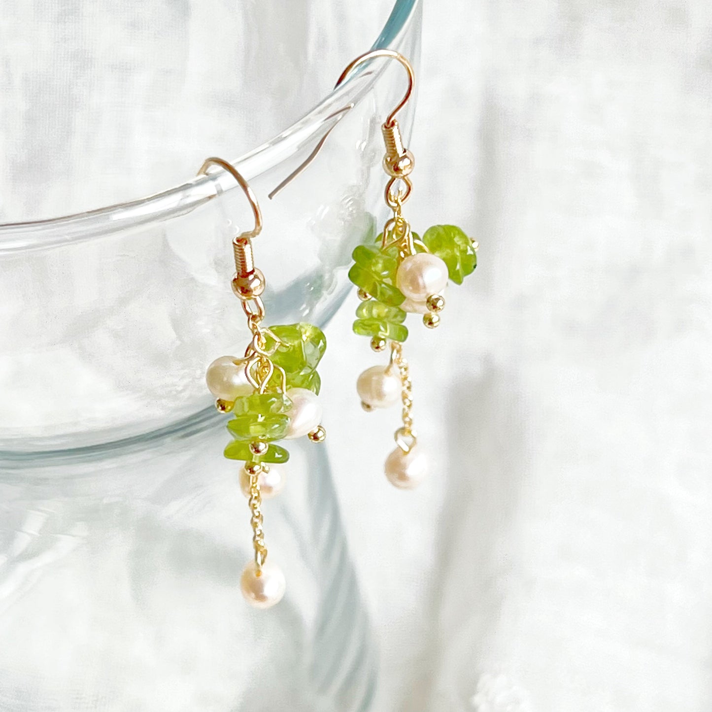 Natural Peridot and Pearl Drop Earrings-Ninaouity