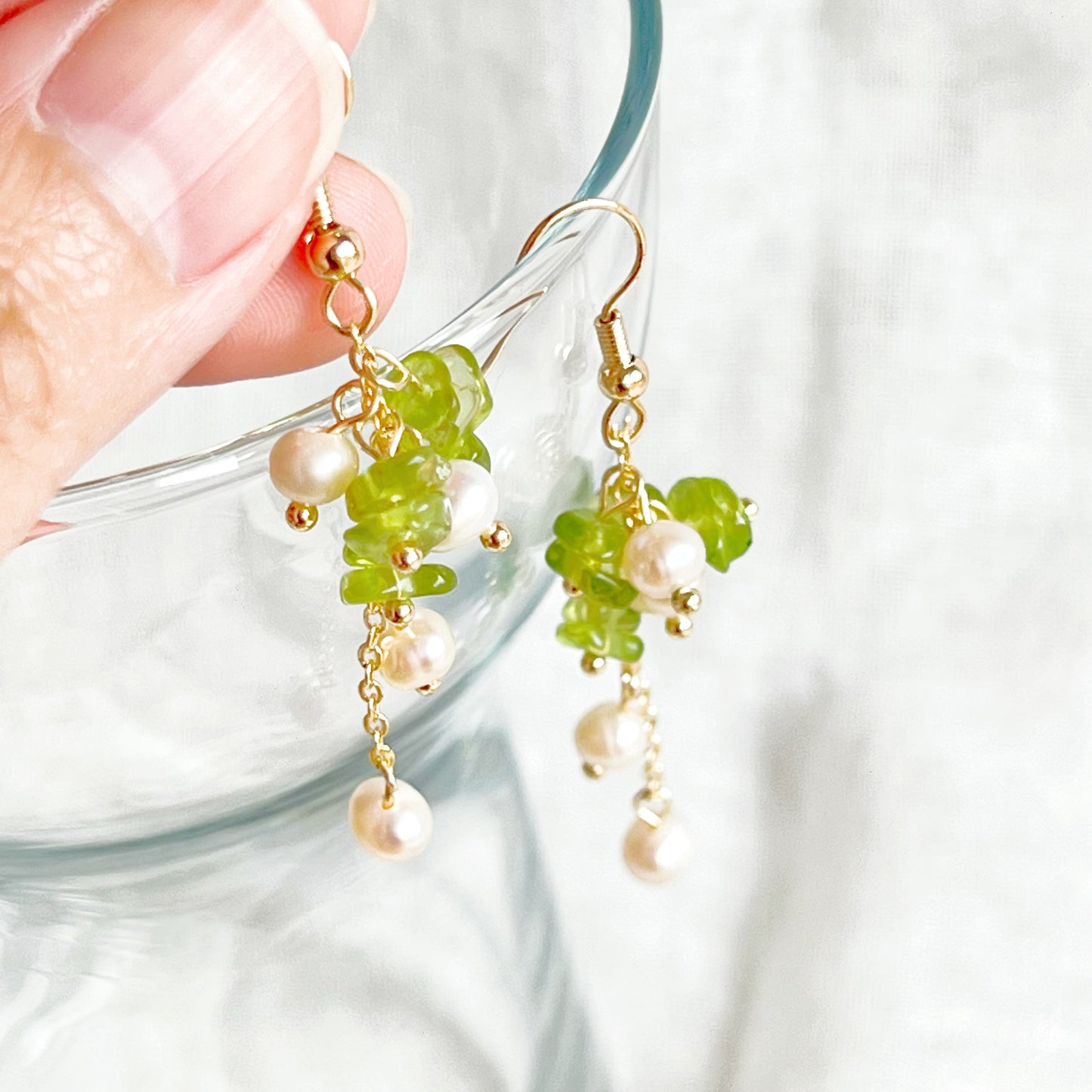 Natural Peridot and Pearl Drop Earrings-Ninaouity