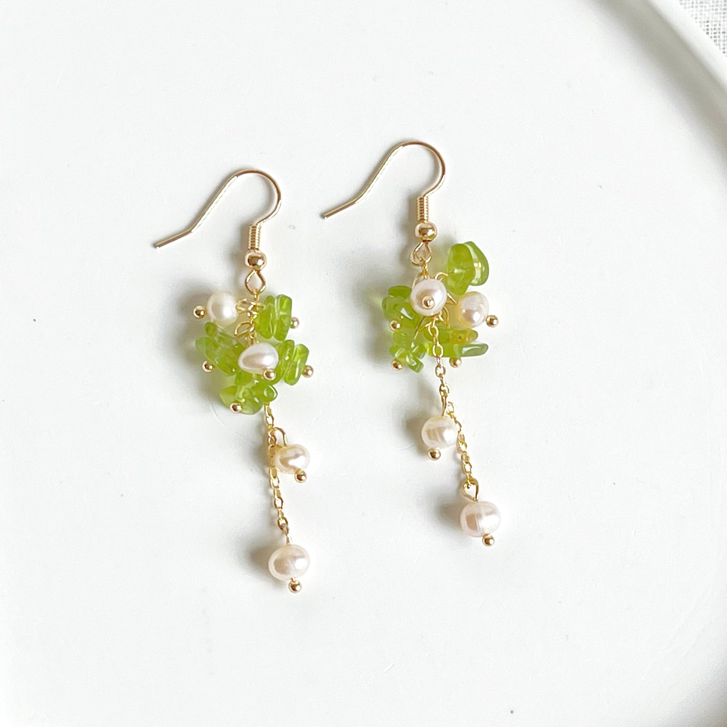 Natural Peridot and Pearl Drop Earrings-Ninaouity