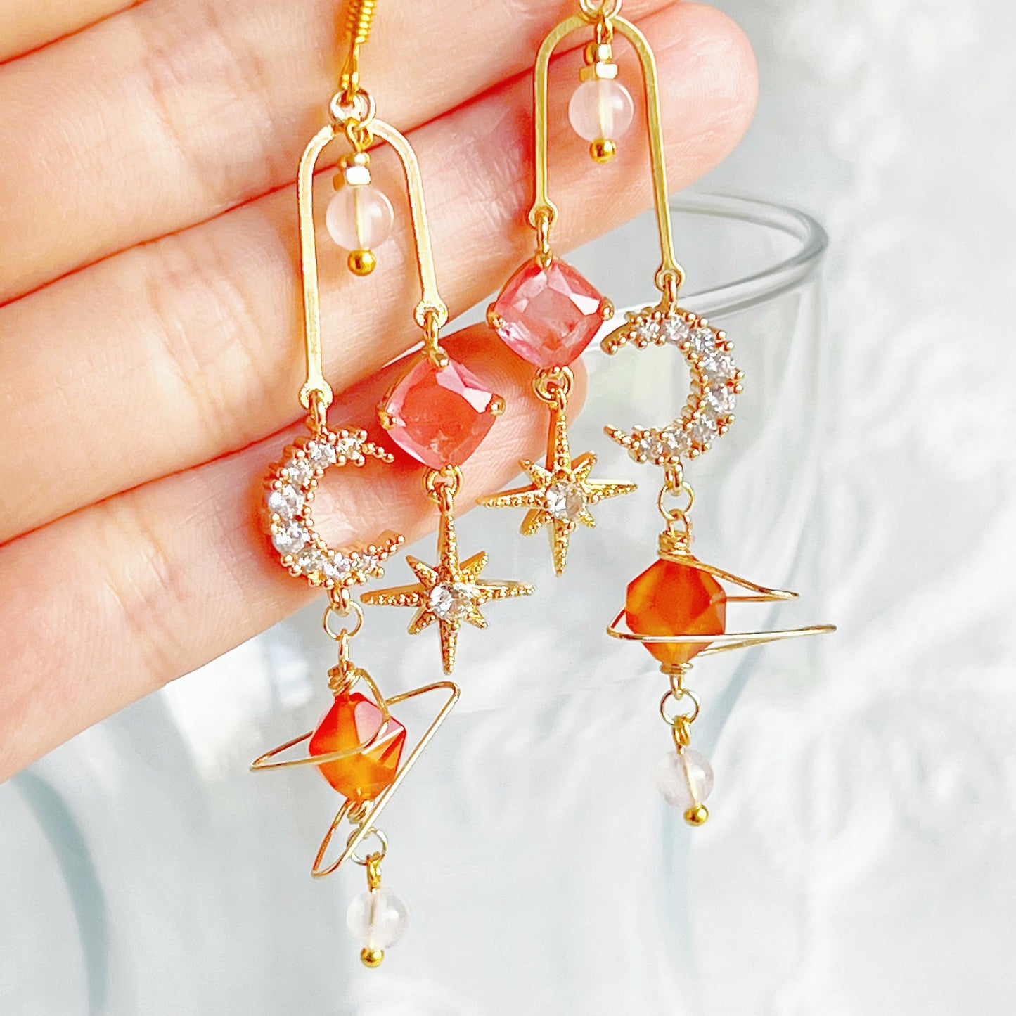 Orange Agate Planet Crystal Moon Earrings-Ninaouity
