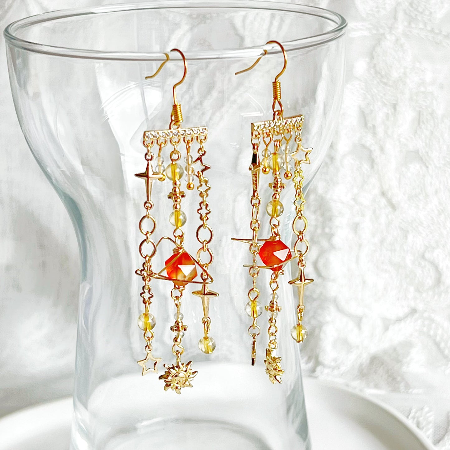 Orange Agate Planet Moon and Star Earrings-Ninaouity