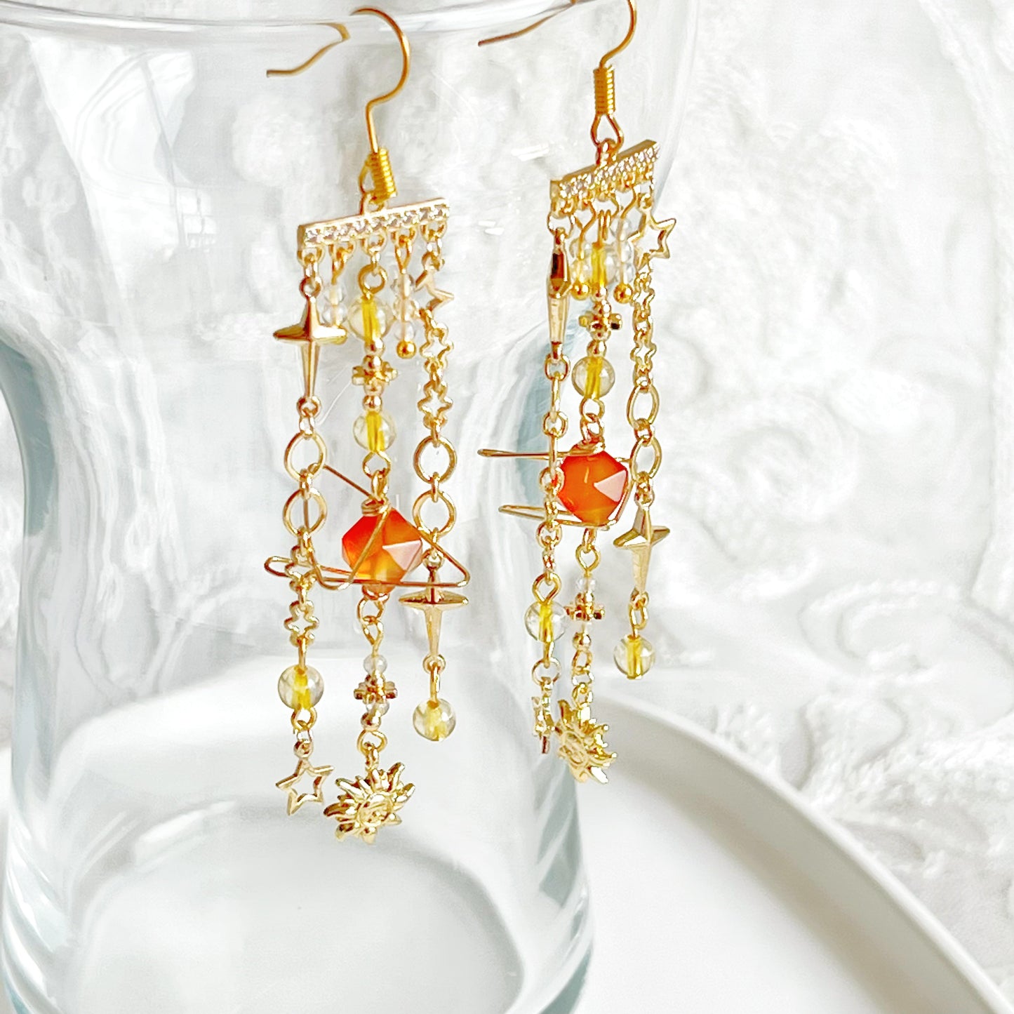 Orange Agate Planet Moon and Star Earrings-Ninaouity