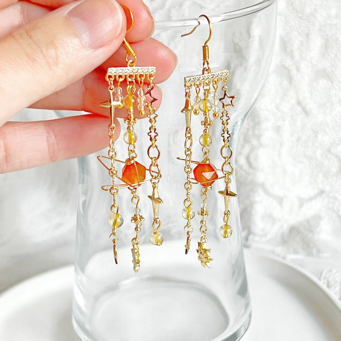 Orange Agate Planet Moon and Star Earrings-Ninaouity