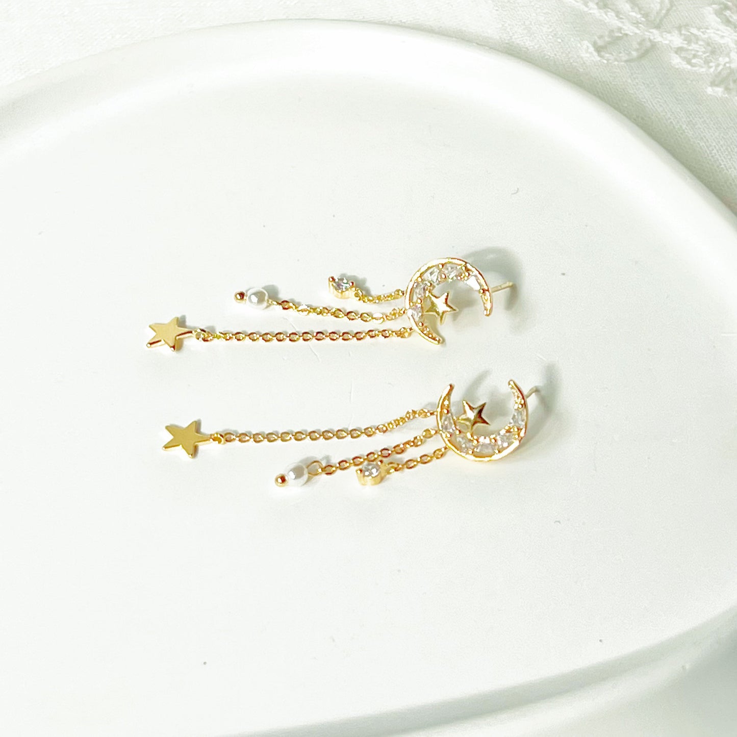 Peaceful Night Moon and Stars Drop Earrings-Ninaouity