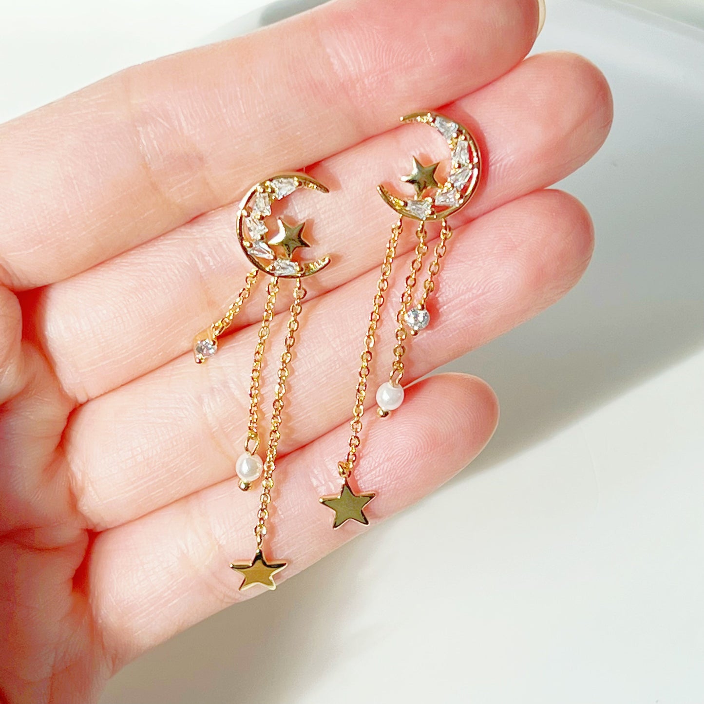 Peaceful Night Moon and Stars Drop Earrings-Ninaouity