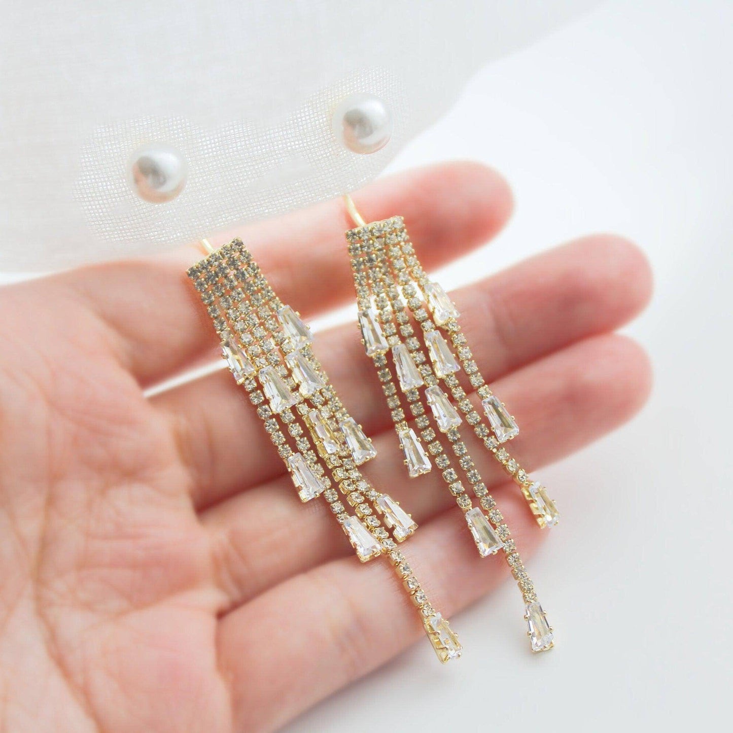 Pearl and Fringe Earrings - Gold Tassel Crystal Drop Earrings-Ninaouity