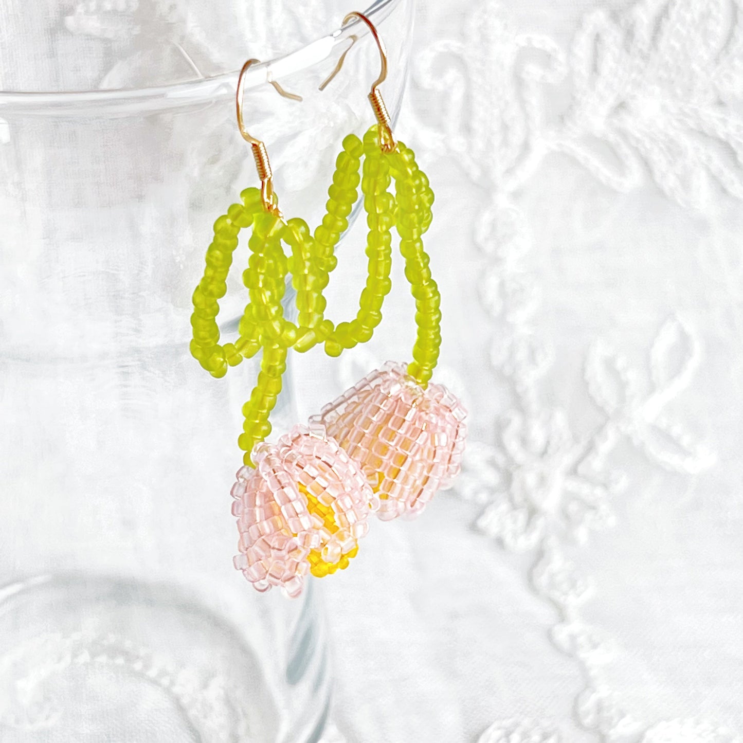 Pink Beaded Tulip Flower Earrings-Ninaouity