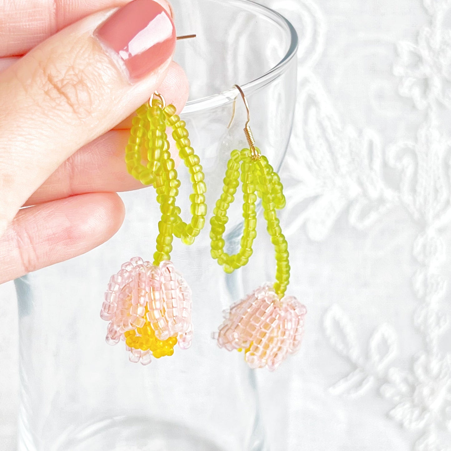 Pink Beaded Tulip Flower Earrings-Ninaouity