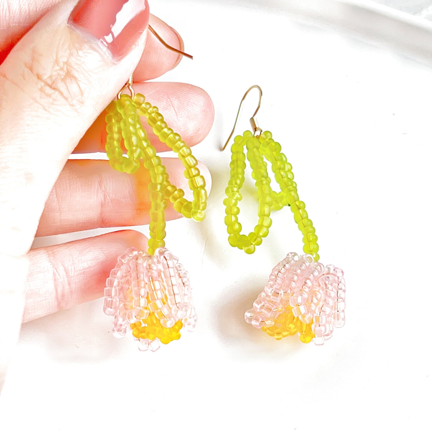 Pink Beaded Tulip Flower Earrings-Ninaouity