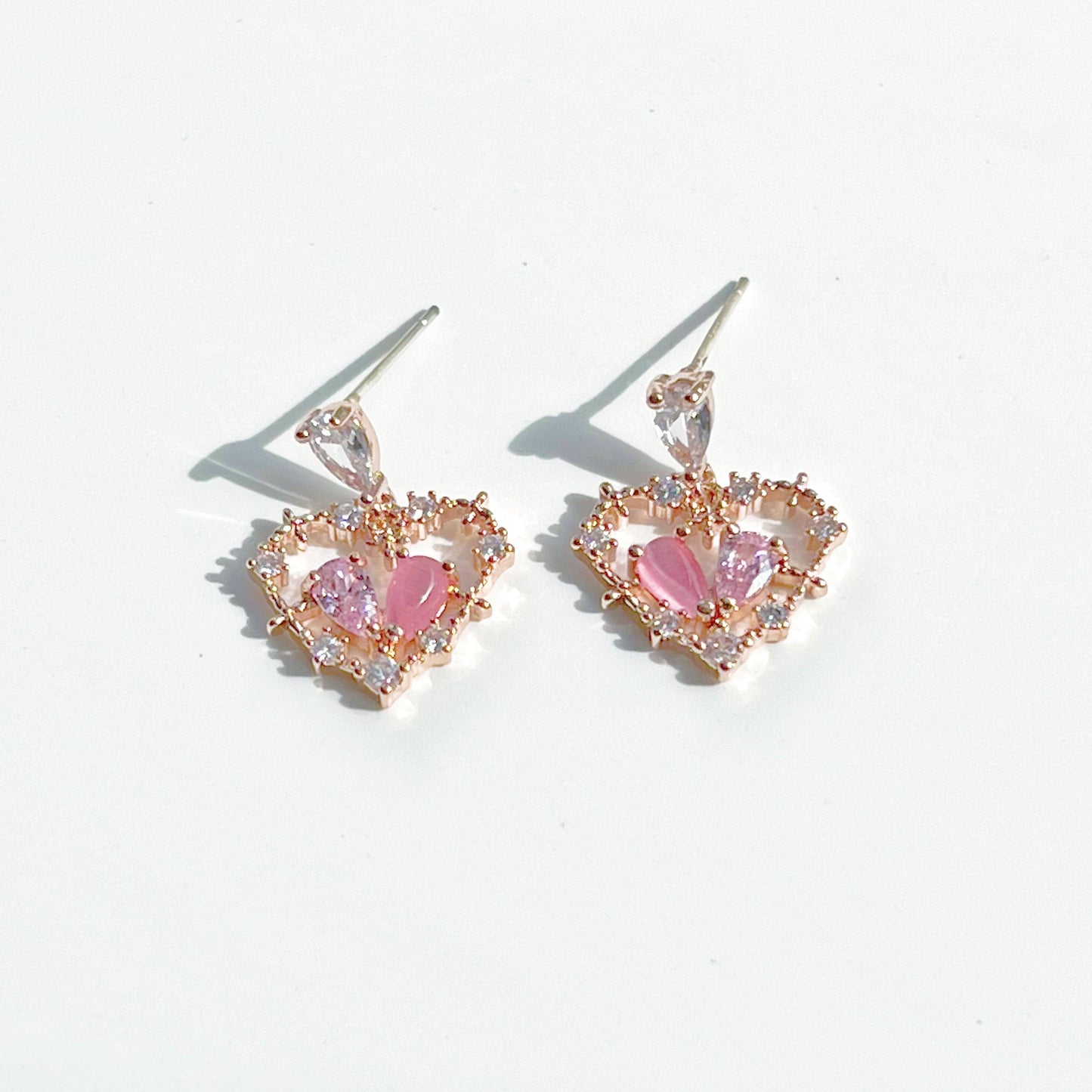 Pink Crystal Heart Drop Earrings - Rose Gold Heart Shape Sterling Silver Studs-Ninaouity