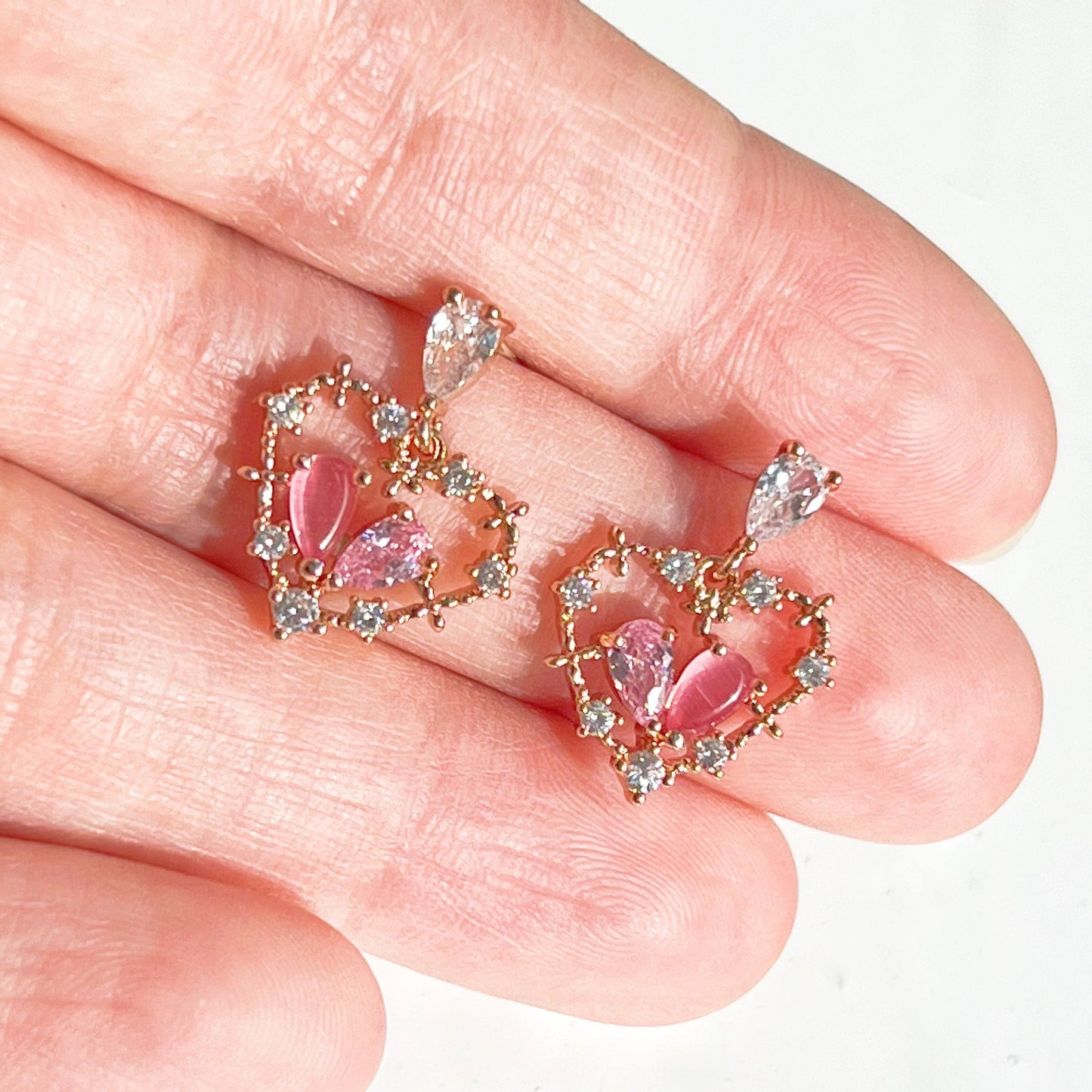 Pink Crystal Heart Drop Earrings - Rose Gold Heart Shape Sterling Silver Studs-Ninaouity