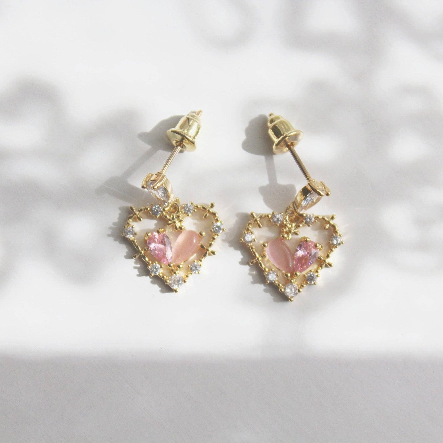 Pink Crystal Heart Earrings - Gold Heart Shape Sterling Silver Studs Earrings-Ninaouity